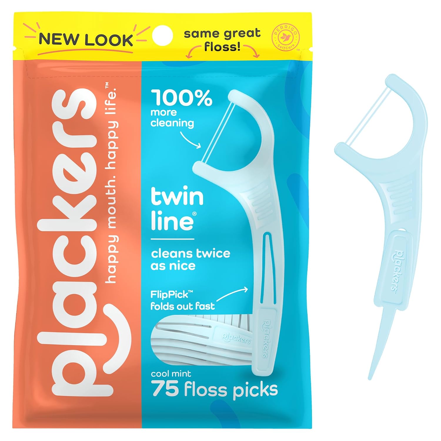 Plackers Twin-Line Dental Flossers, Cool Mint Flavor, Dual Action Flossing System, 75 Count