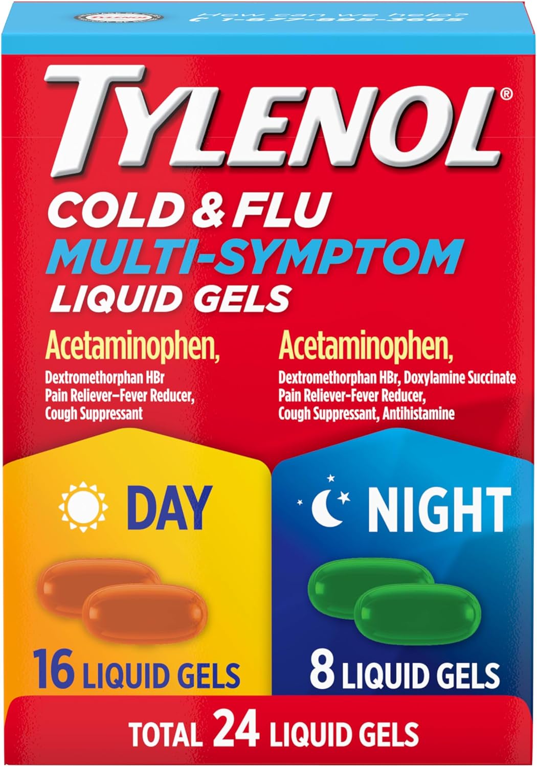 Tylenol Day & Night Cold & Flu Multi-Symptom Liquid Gels Combo Pack, 24 ct