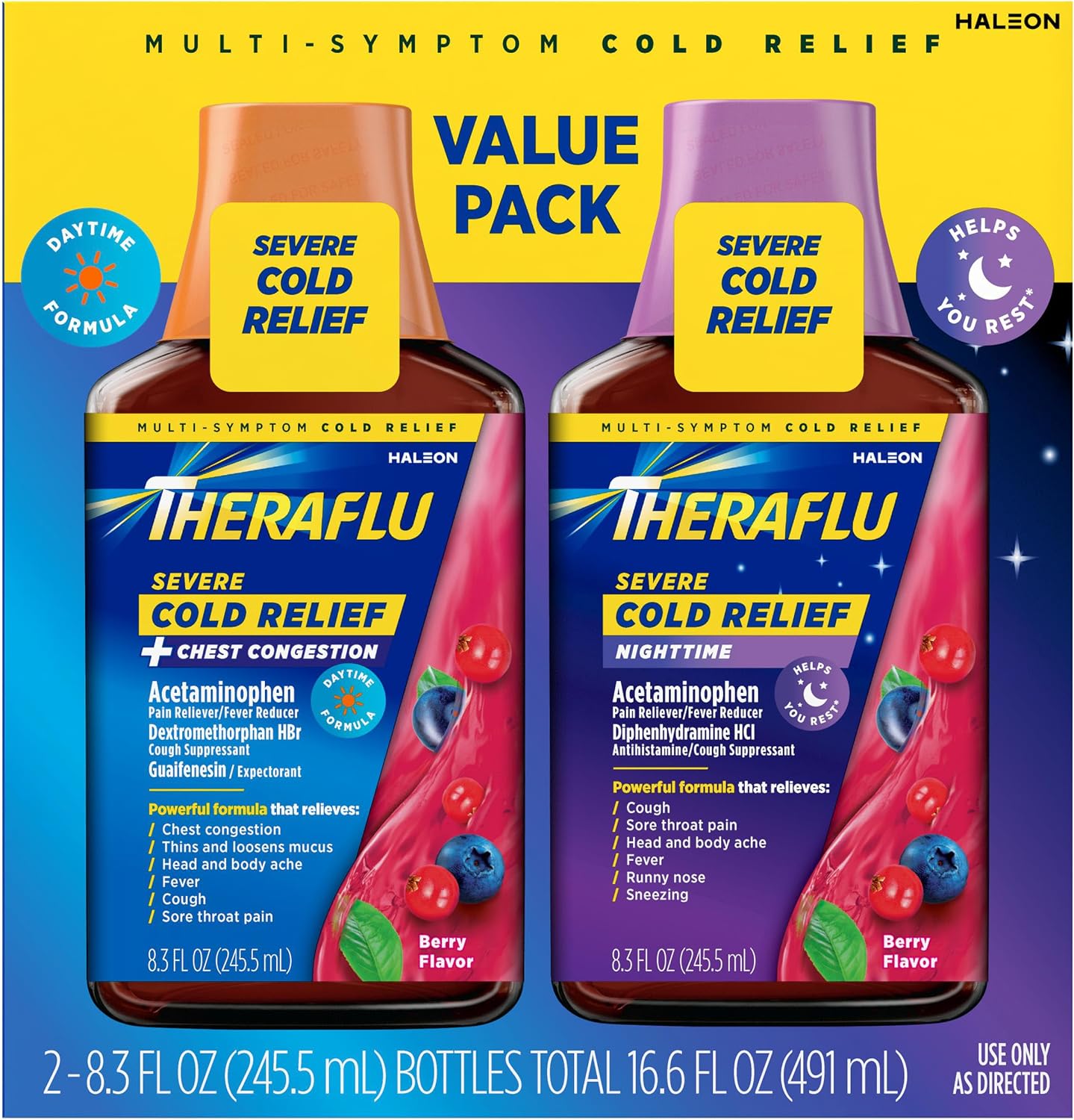 Theraflu Max Strength Daytime & Nighttime for Flu Symptom Relief, Berrry Flavor 8.3 fl oz