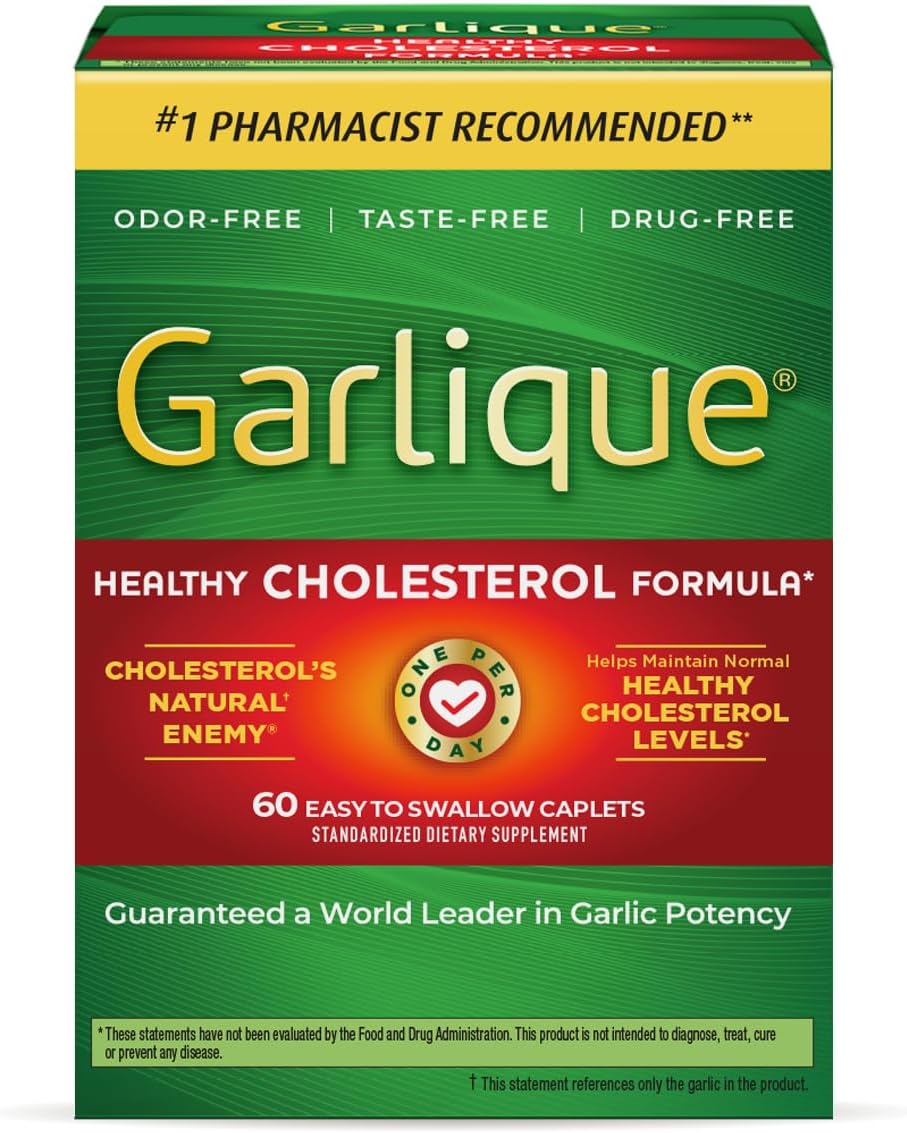 Garlique Garlic Extract Supplement, Healthy Cholesterol Formula, Odorless & Vegan-Friendly, 60 Caplets