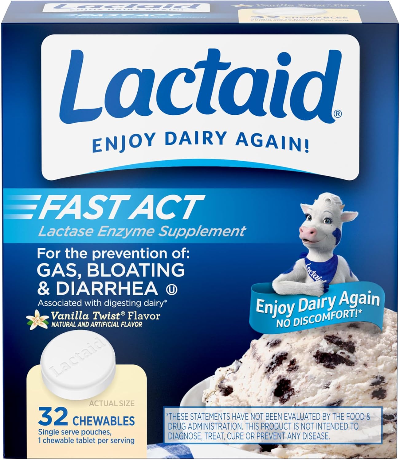 Lactaid Fast Act Lactose Intolerance Relief Chewables, Vanilla Twist Flavor, 32 Chewables
