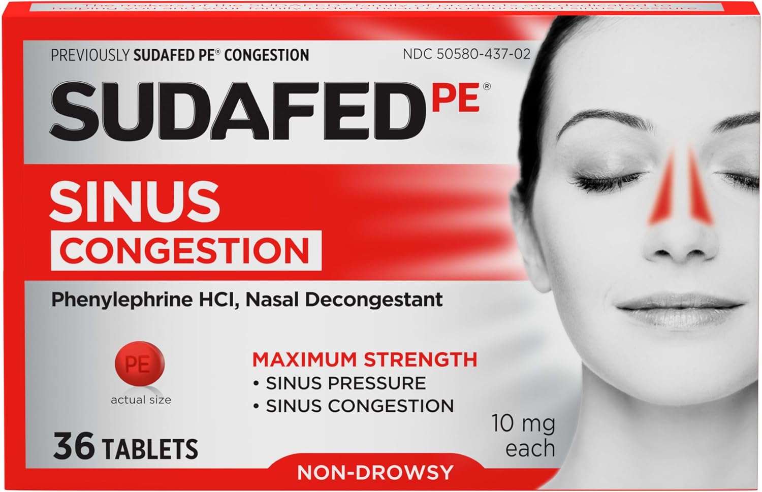 Sudafed PE Sinus Congestion Relief Tablets, Maximum Strength, Non-Drowsy, 36 count