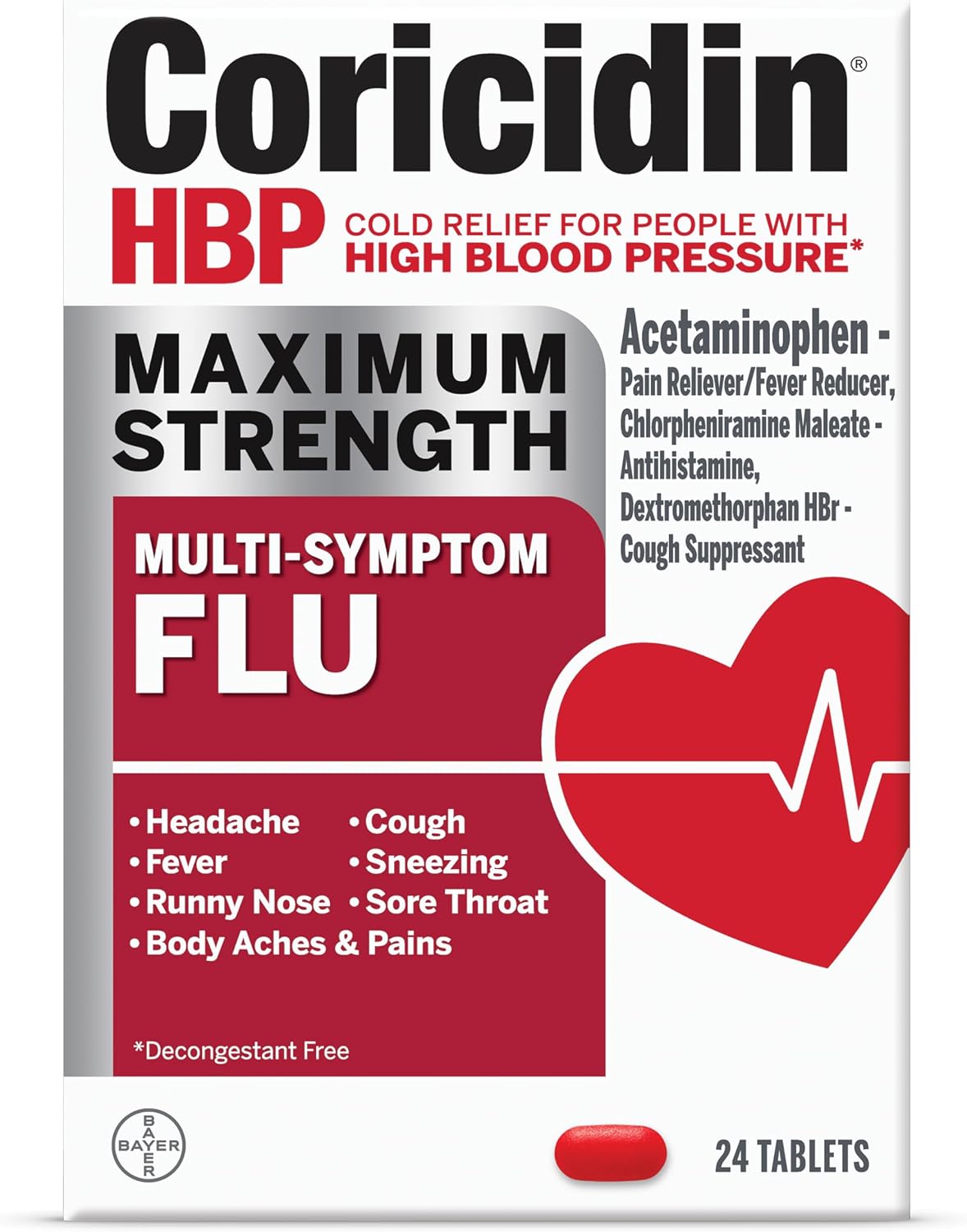 Coricidin HBP Maximum Strength Multi-Symptom Flu Tablets For Cold and Cough Relief 24 Count