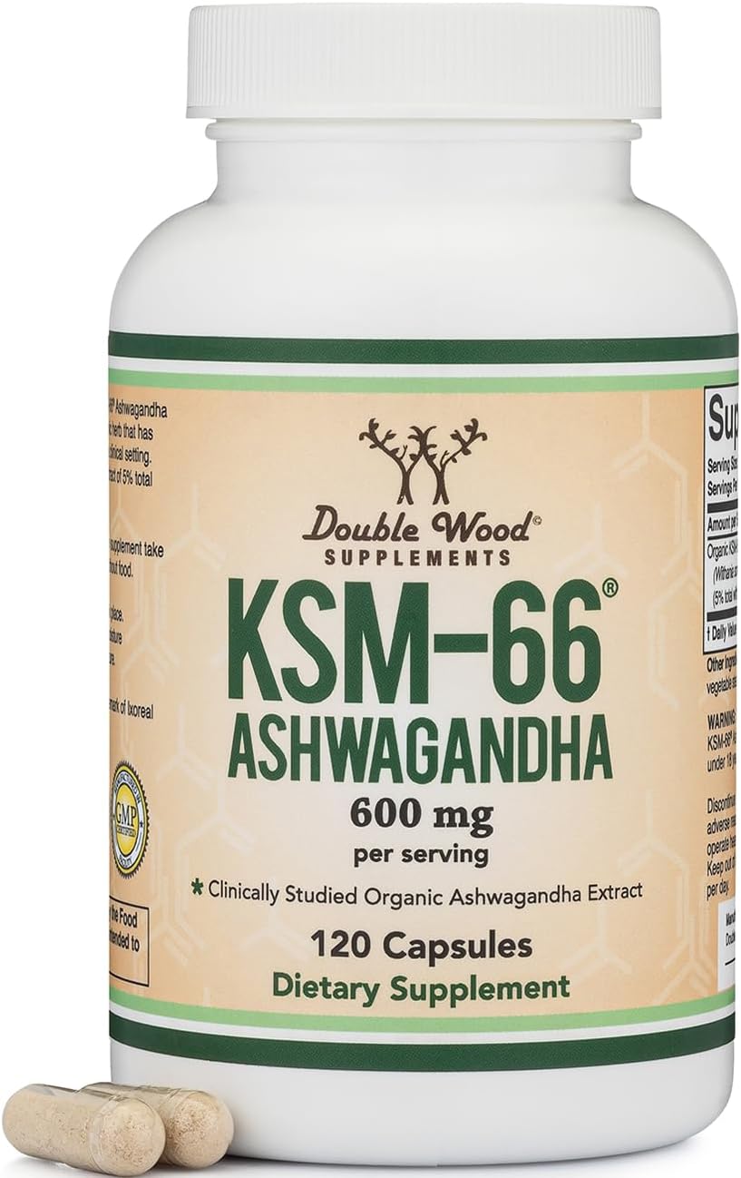 Double Wood Ashwagandha KSM 66 Organic 600mg Per Serving, 120 Capsules