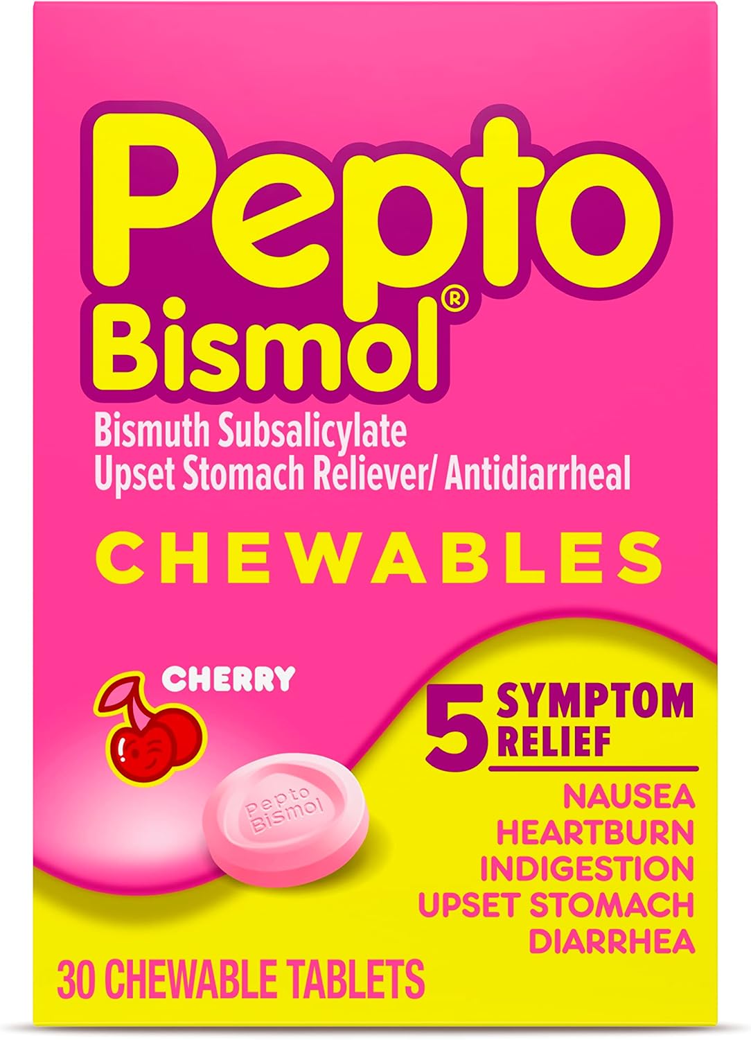 Pepto Bismol Chewables, Upset Stomach Relief, Indigestion, Diarrhea, Original Flavor, 30 Tablets