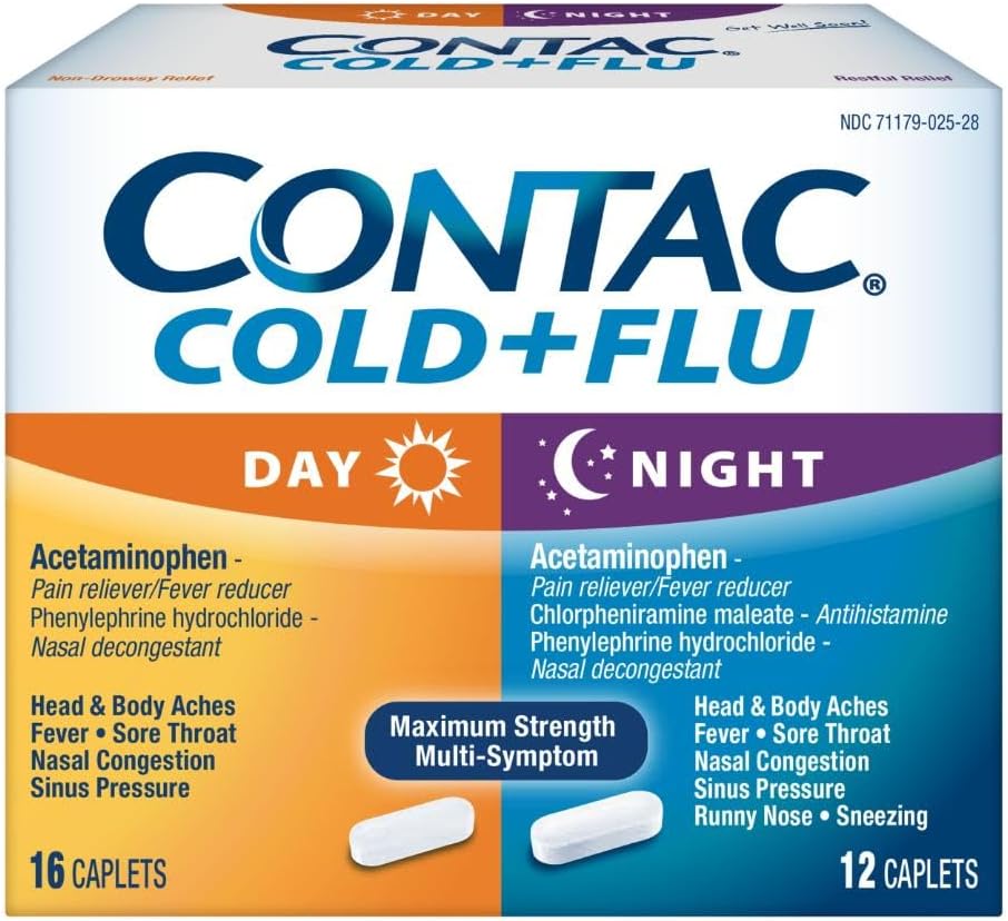 Contac Cold & Flu Non-Drowsy Multi-Symptom Daytime (16) & Nighttime (12) Relief, 28 Caplets