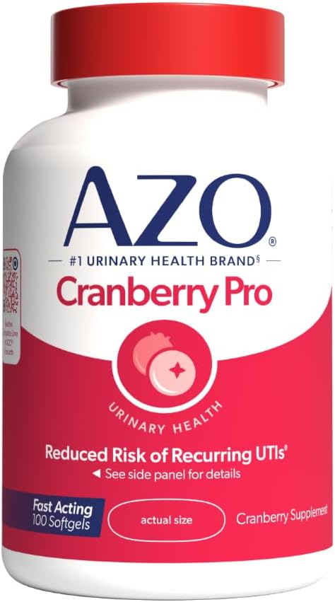 AZO Cranberry Pro Urinary Tract Health Supplement 600mg PACRAN, 1 Serving = 1 Glass of Cranberry Juice, Non-GMO 100 Softgels