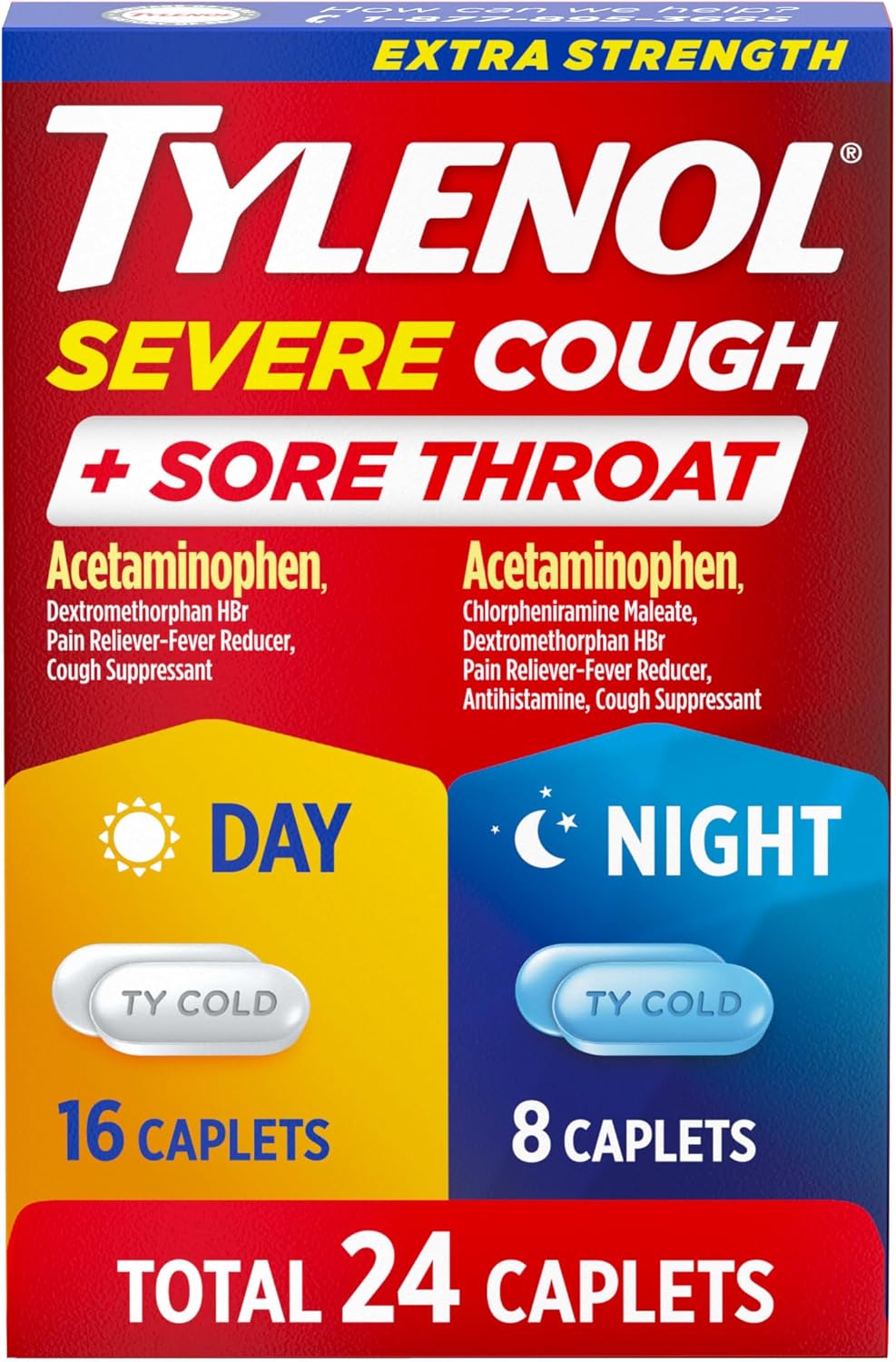 Tylenol Extra Strength Severe Cough + Sore Throat Day & Night Caplets, 24 ct
