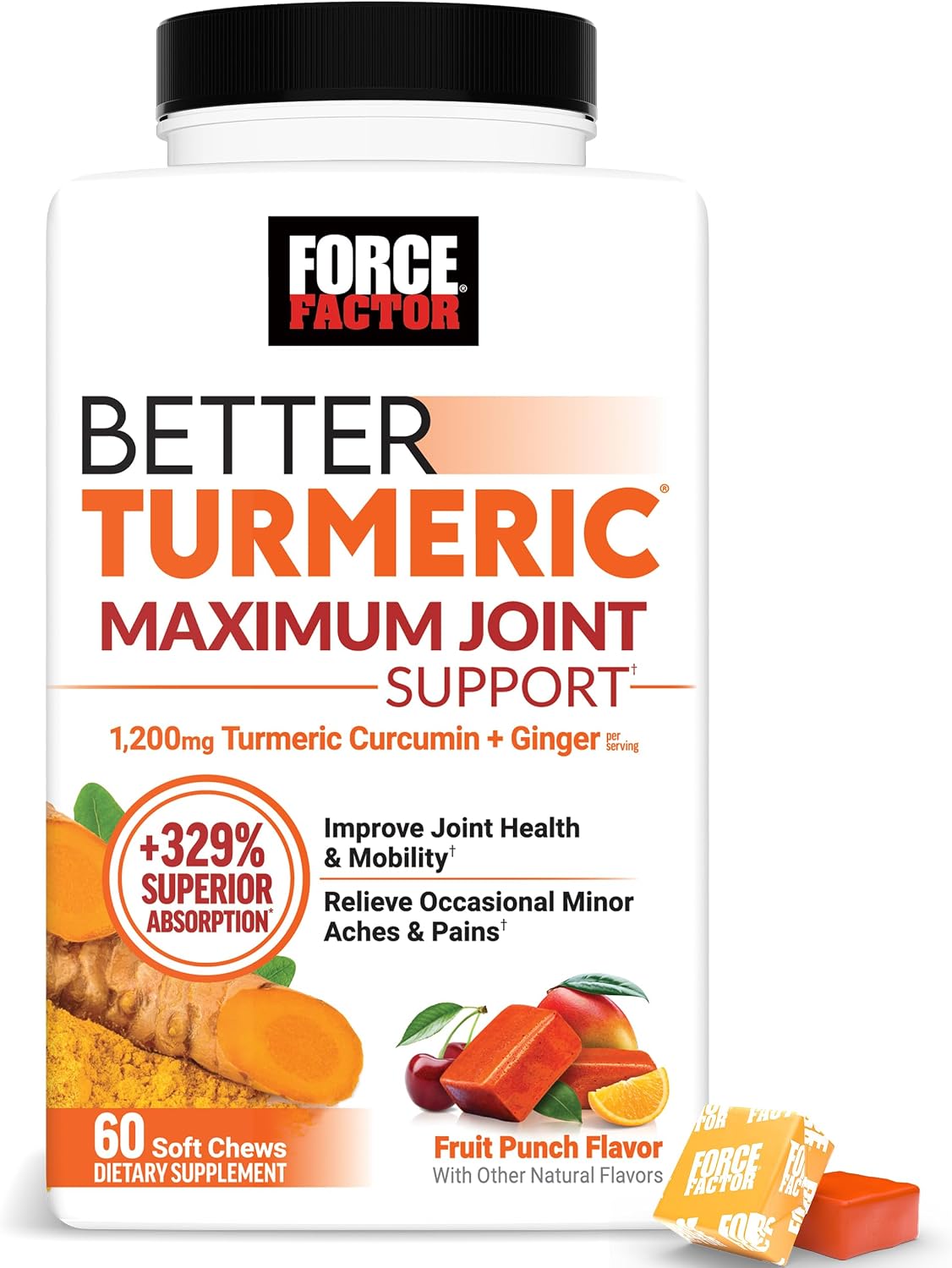 Force Factor Better Turmeric Maximum Joint Support, 1075mg Curcumin with Ginger, Fruit Punch, 60 Soft Chews