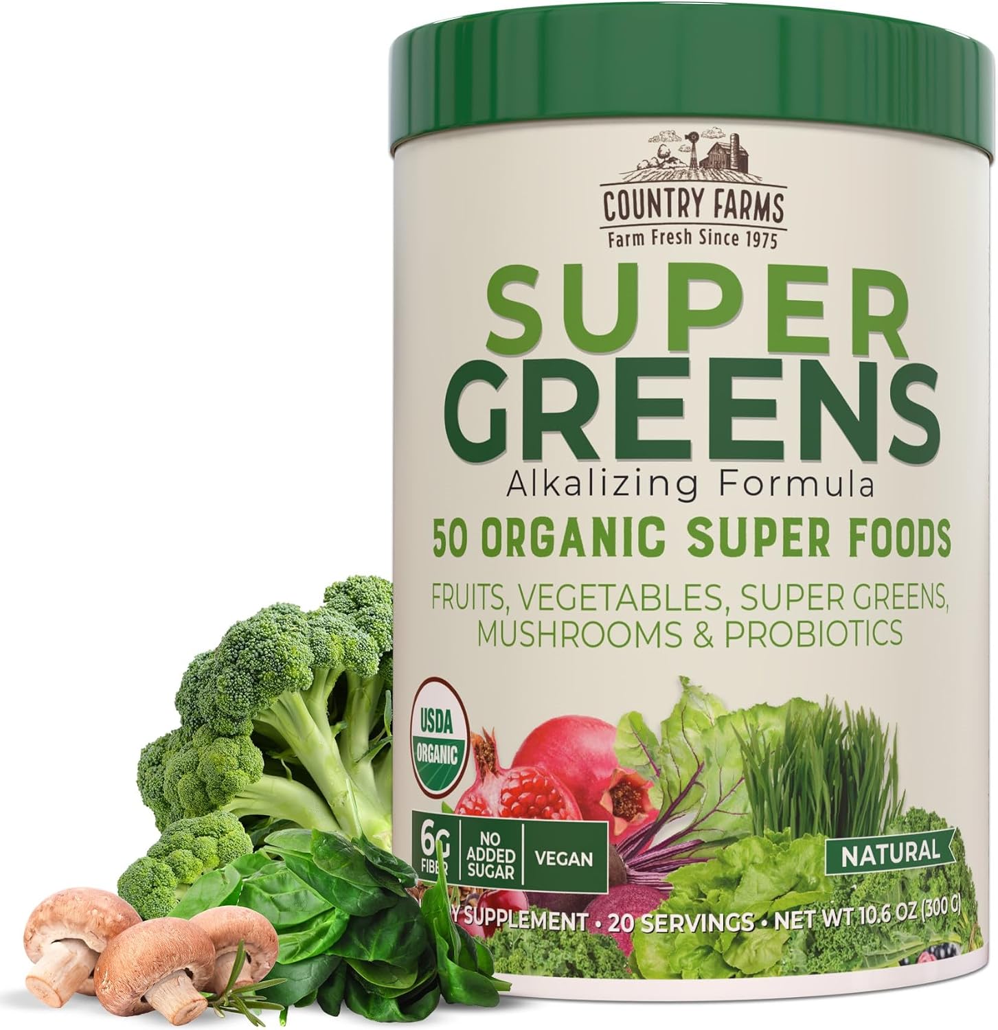 COUNTRY FARMS Super Greens Natural Flavor, 50 Organic Super Foods, 20 Servings, 10.6 Oz