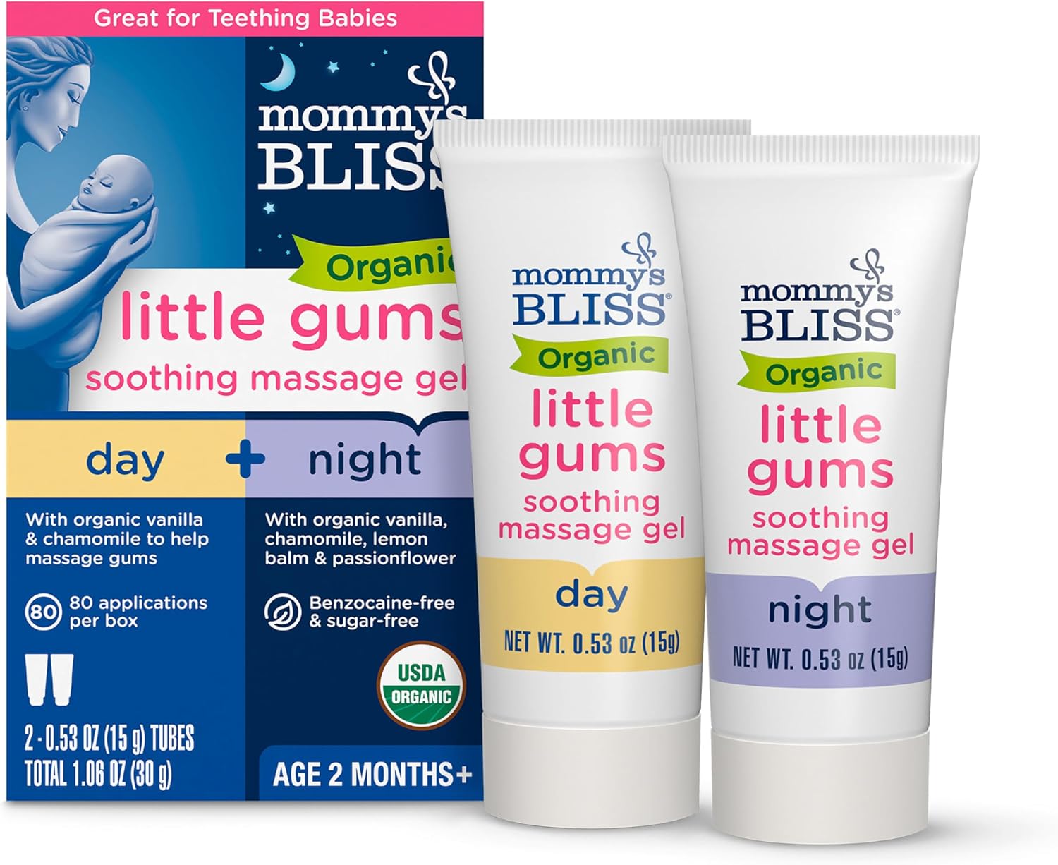 Mommy's Bliss Organic Little Gums Soothing Massage Gel Day and Night Combo - 0.53 Oz Tubes