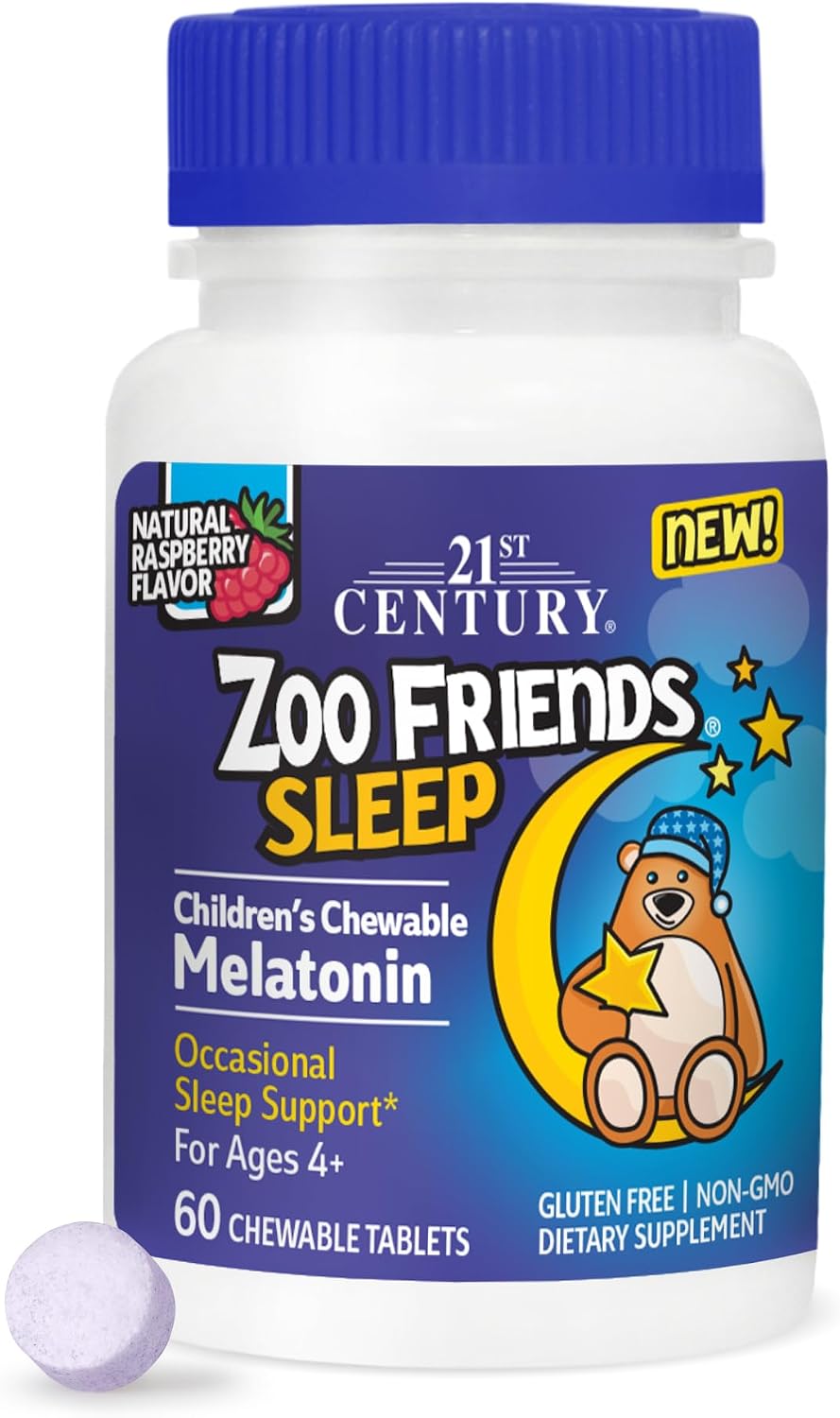 21st Century Zoo Friends Sleep Chewable Melatonin, Raspberry Flavor, 60 Count