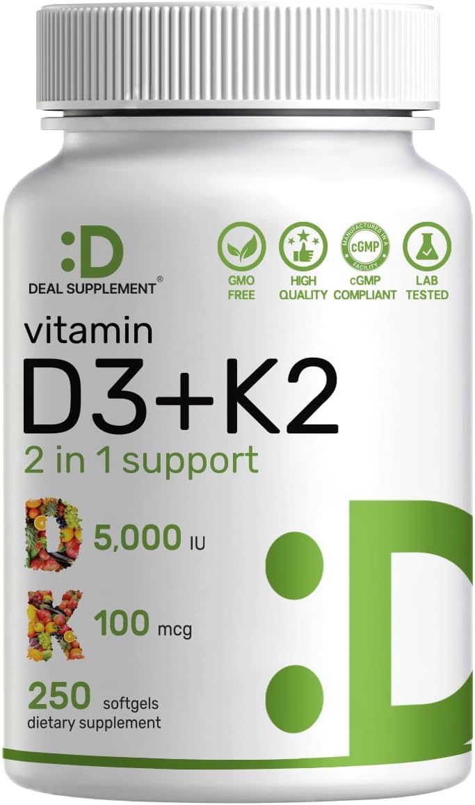 Deal Supplement Vitamin D3 5,000 IU + K2 MK7 Softgels, 2-in-1 Complex , 250 Softgels