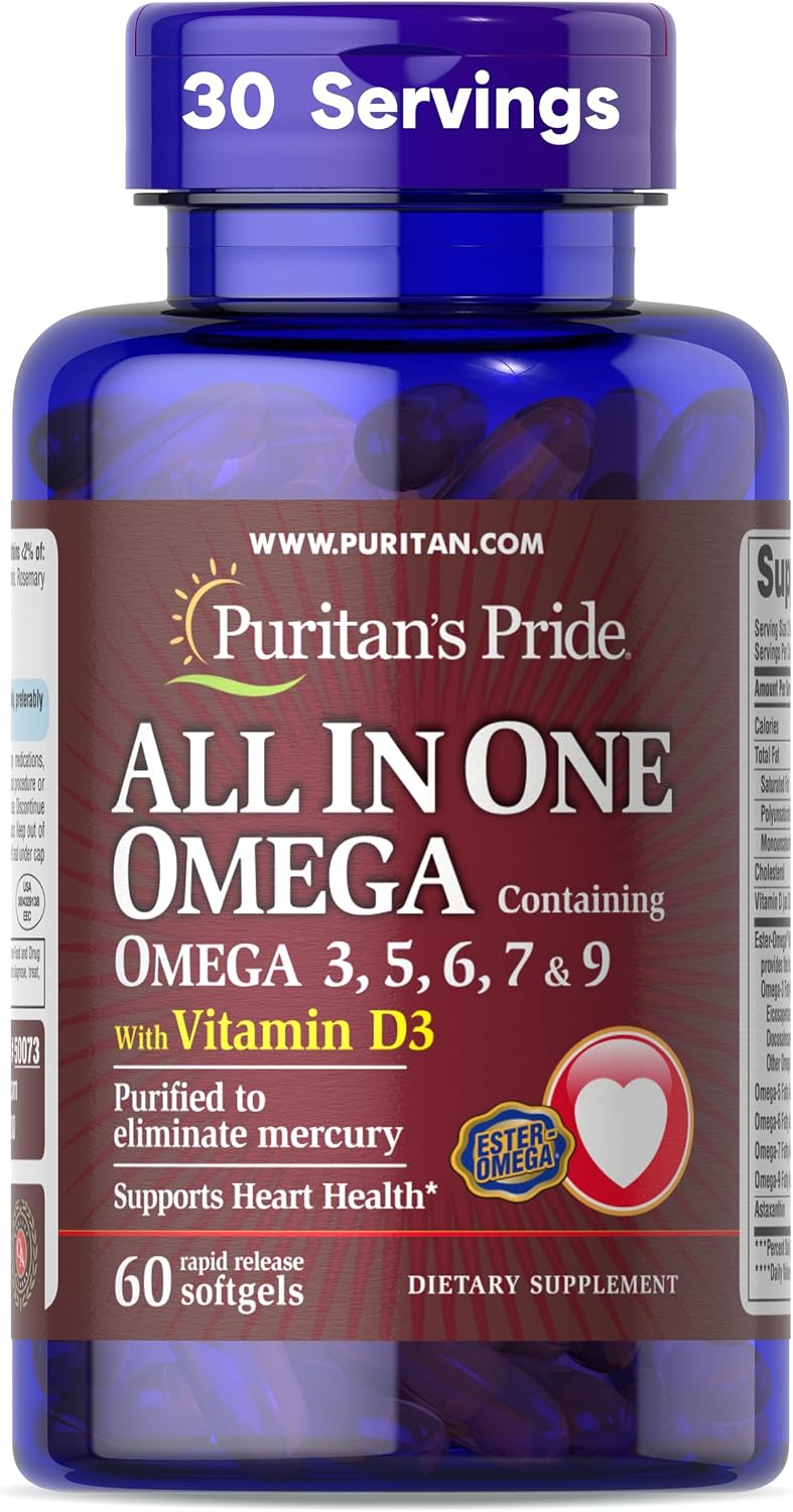 Puritan's Pride All In One With Omega 3, 5, 6, 7, 9 And Vitamin D3, 60 Rapid Release Softgels