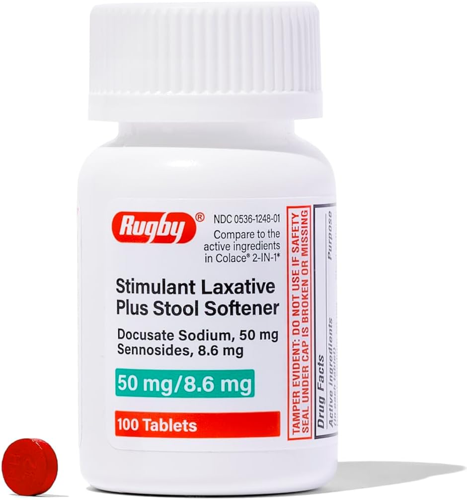 Rugby Stimulant Laxative Plus Stool Softener Docusate Sodium 50 mg/Sennosides 8.6 mg - 100 Tablets