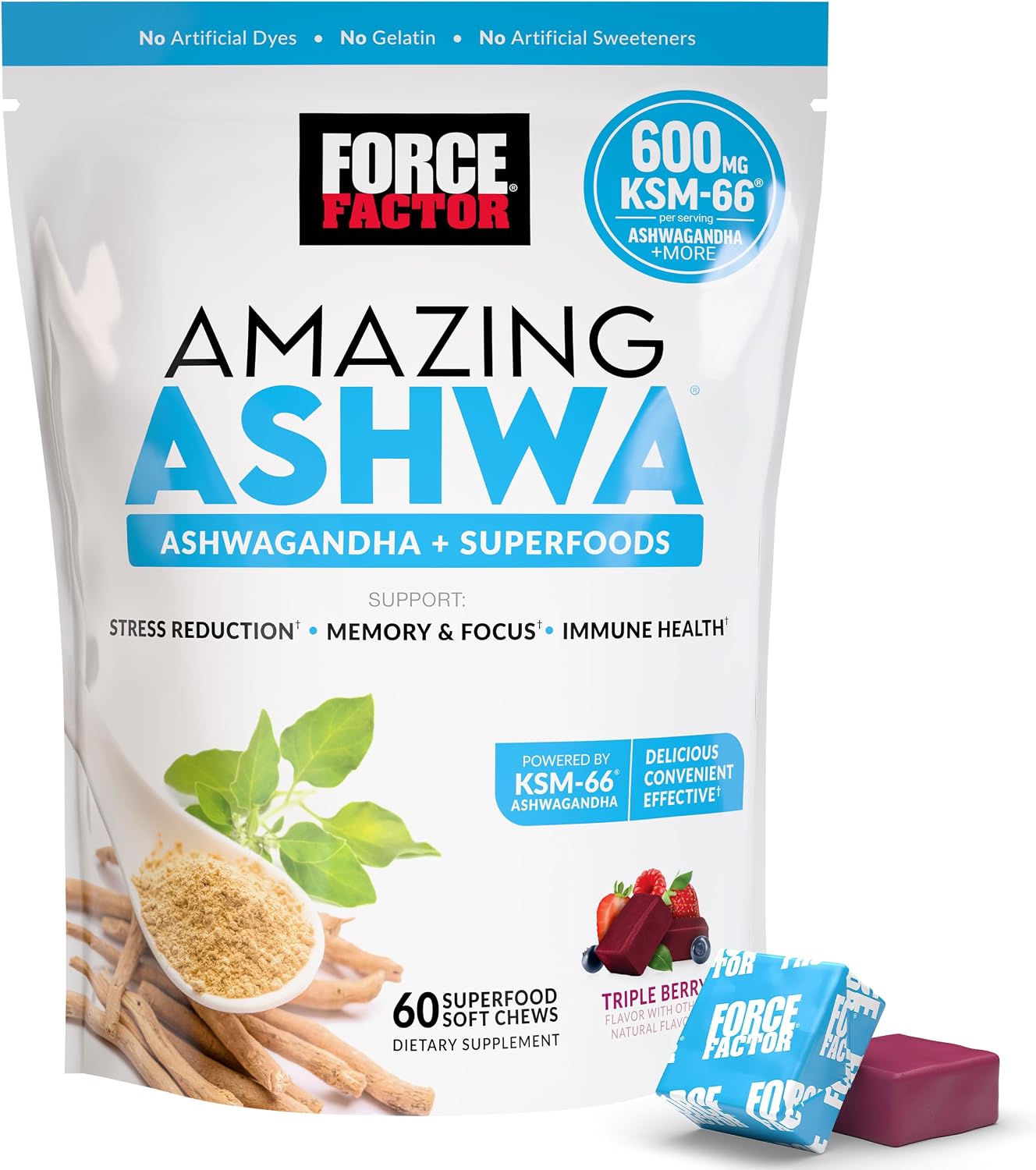 Force Factor Amazing Ashwa for Stress Relief, KSM-66 Ashwagandha, 60 Soft Chews