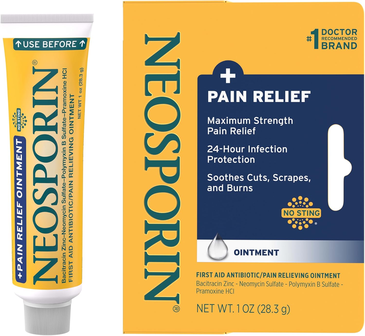 Neosporin + Maximum-Strength Pain Relief Dual Action Antibiotic Ointment with Bacitracin Zinc, 0.5 oz
