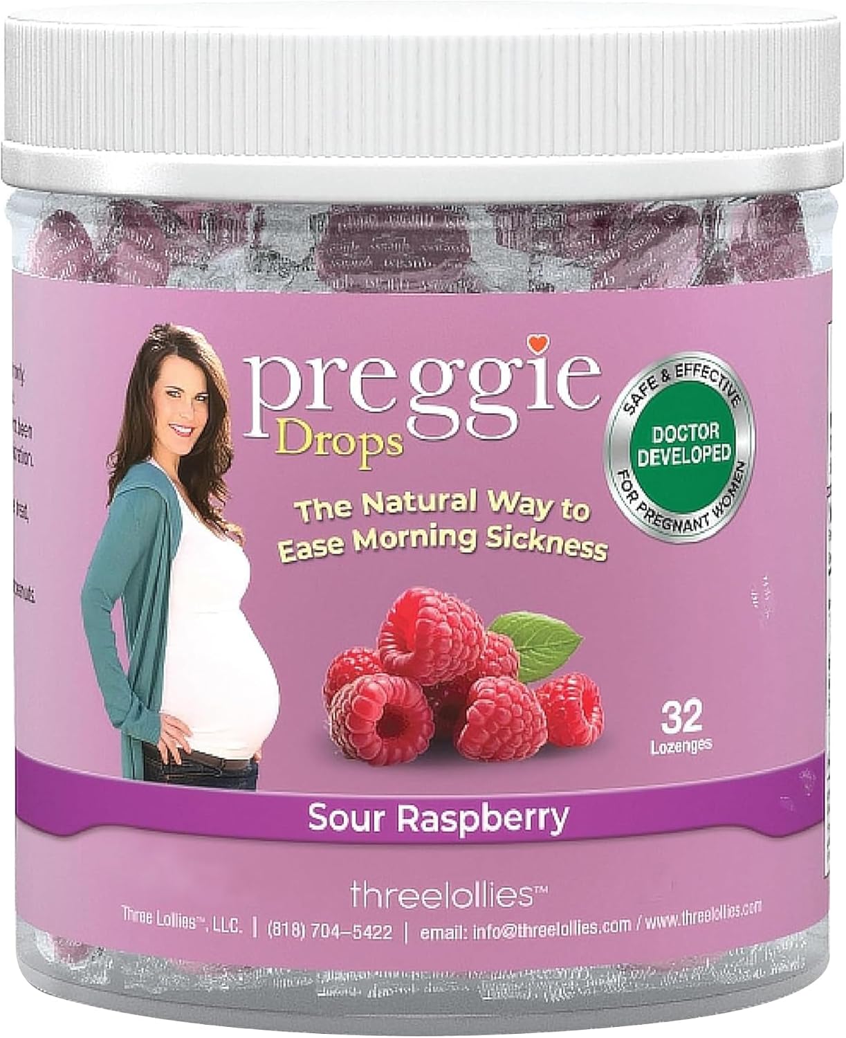 Preggie Drops Pregnancy Nausea Lozenges, Sour Raspberry, 32 Count