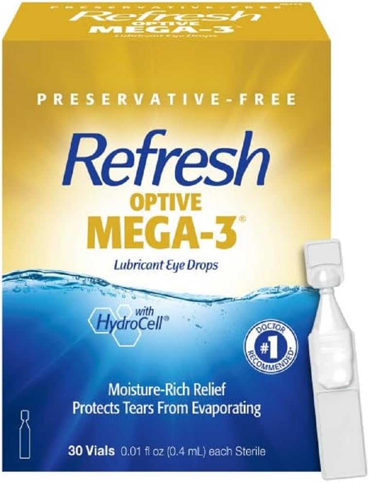 Refresh Optive MEGA-3 Lubricant Eye Drops Preservative-Free Artificial Tears, 0.01 fl oz (0.4 mL), 30 Vials