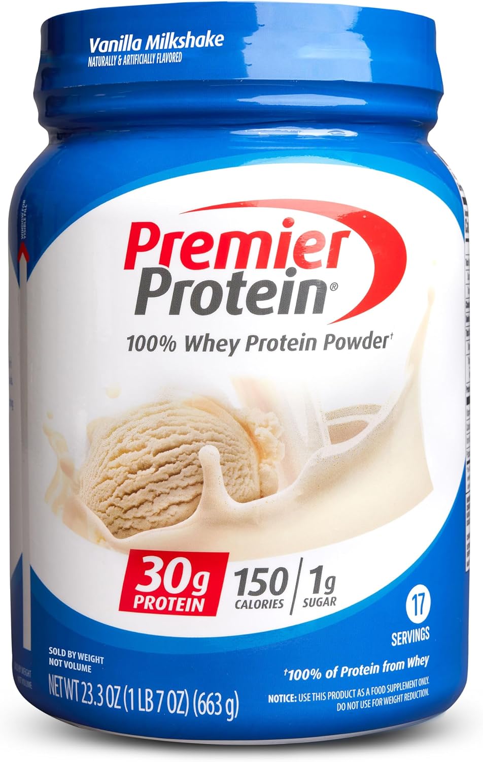 Premier Protein Powder, Vanilla Milkshake, 30g Protein, 17 Servings, 23.3 Ounces