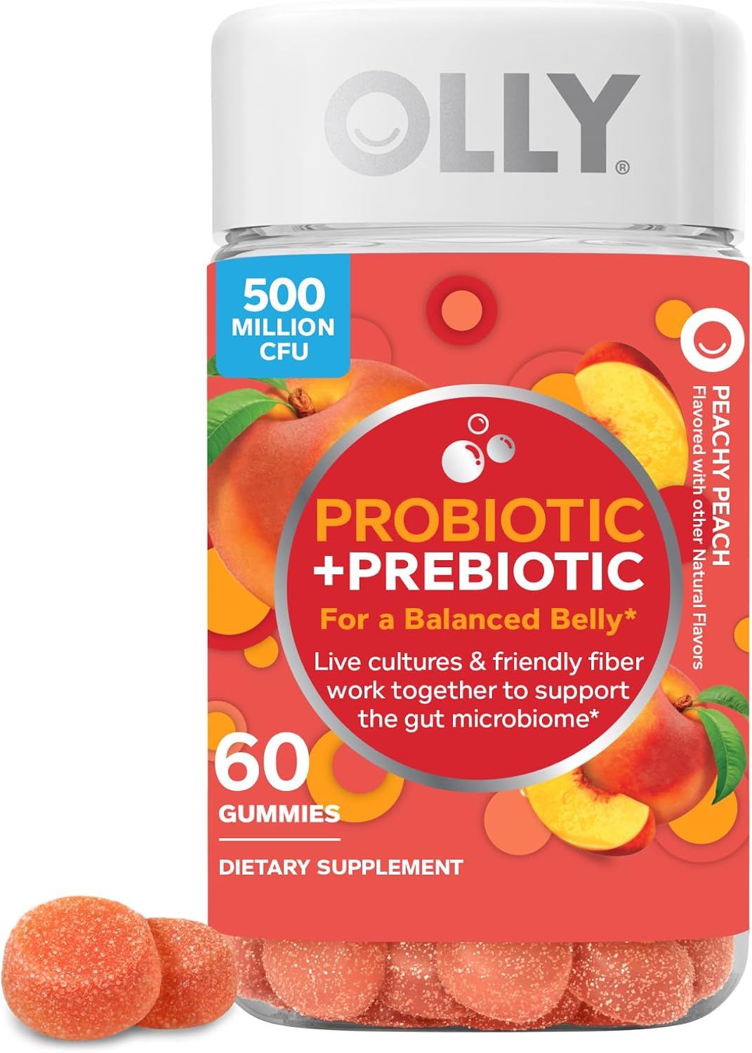 OLLY Probiotic + Prebiotic Gummy, Digestive Support and Gut Health, 500 Million CFUs - 60 Count