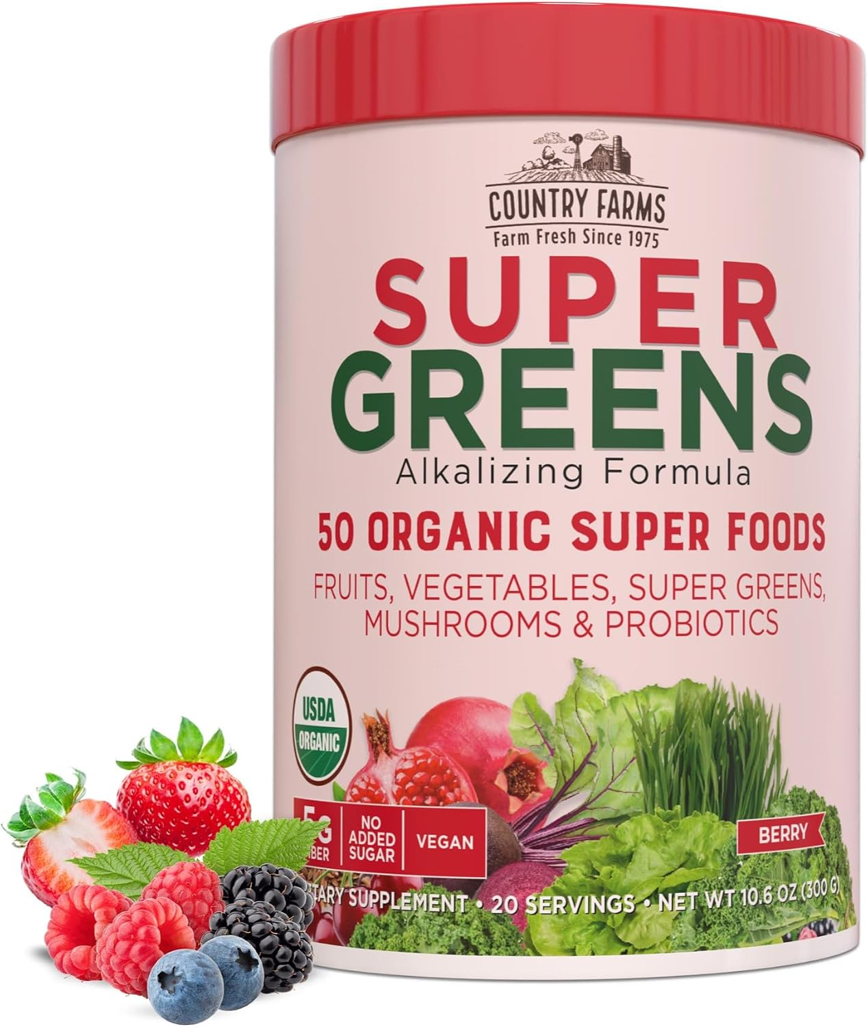 Country Farms Organic Super Greens Berry Flavor, 50 Organic Super Foods, 10.6 oz.