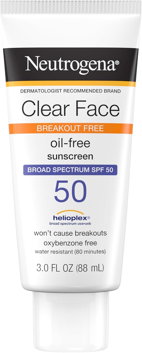 Neutrogena Clear Face Sunscreen Lotion for Acne-Prone Skin, Broad Spectrum SPF 50, Unscented, 3 Fl Oz