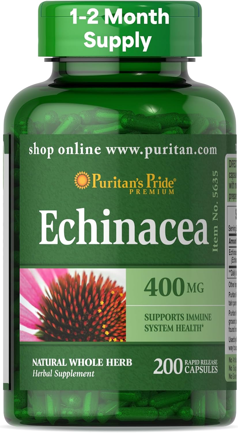Puritan's Pride Premium Echinacea Natural Whole Herb Herbal Supplement 400mg, 200 Rapid Release Capsules