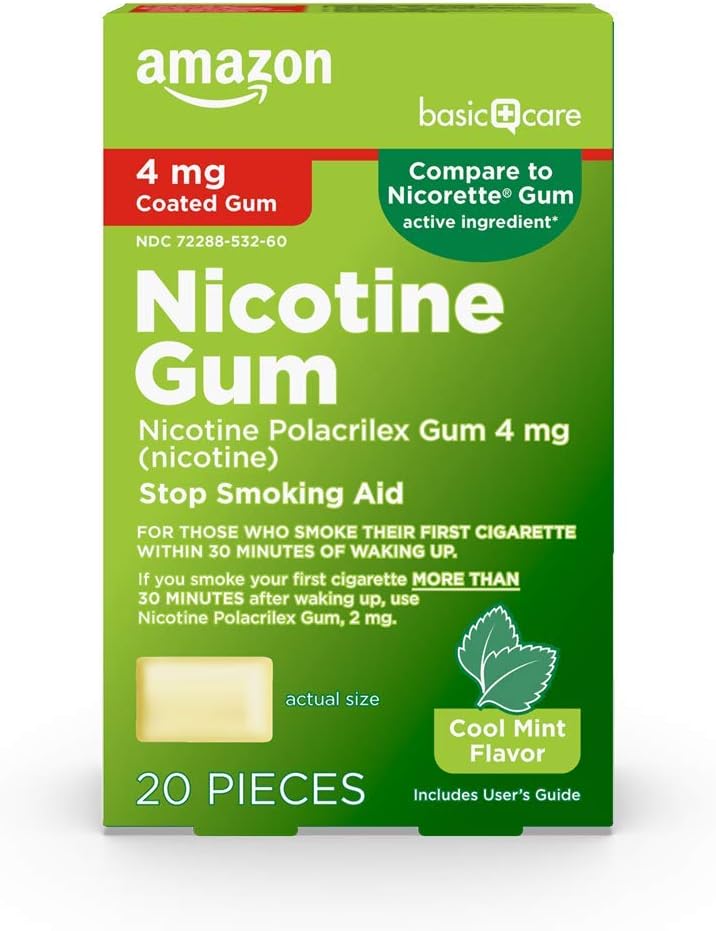 Amazon Basic Care Nicotine Polacrilex Coated Gum, 4 mg (Nicotine), Cool Mint Flavor, 20 Count