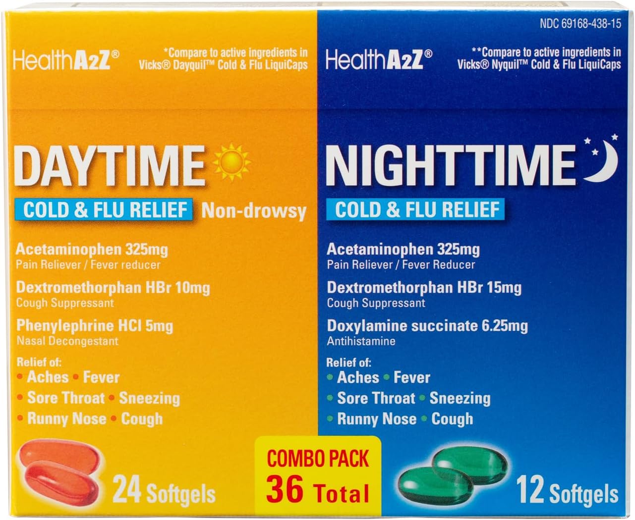 HealthA2Z® Daytime (24) and Nighttime (12) | Cold & Flu Medicine, 36 Total Softgels