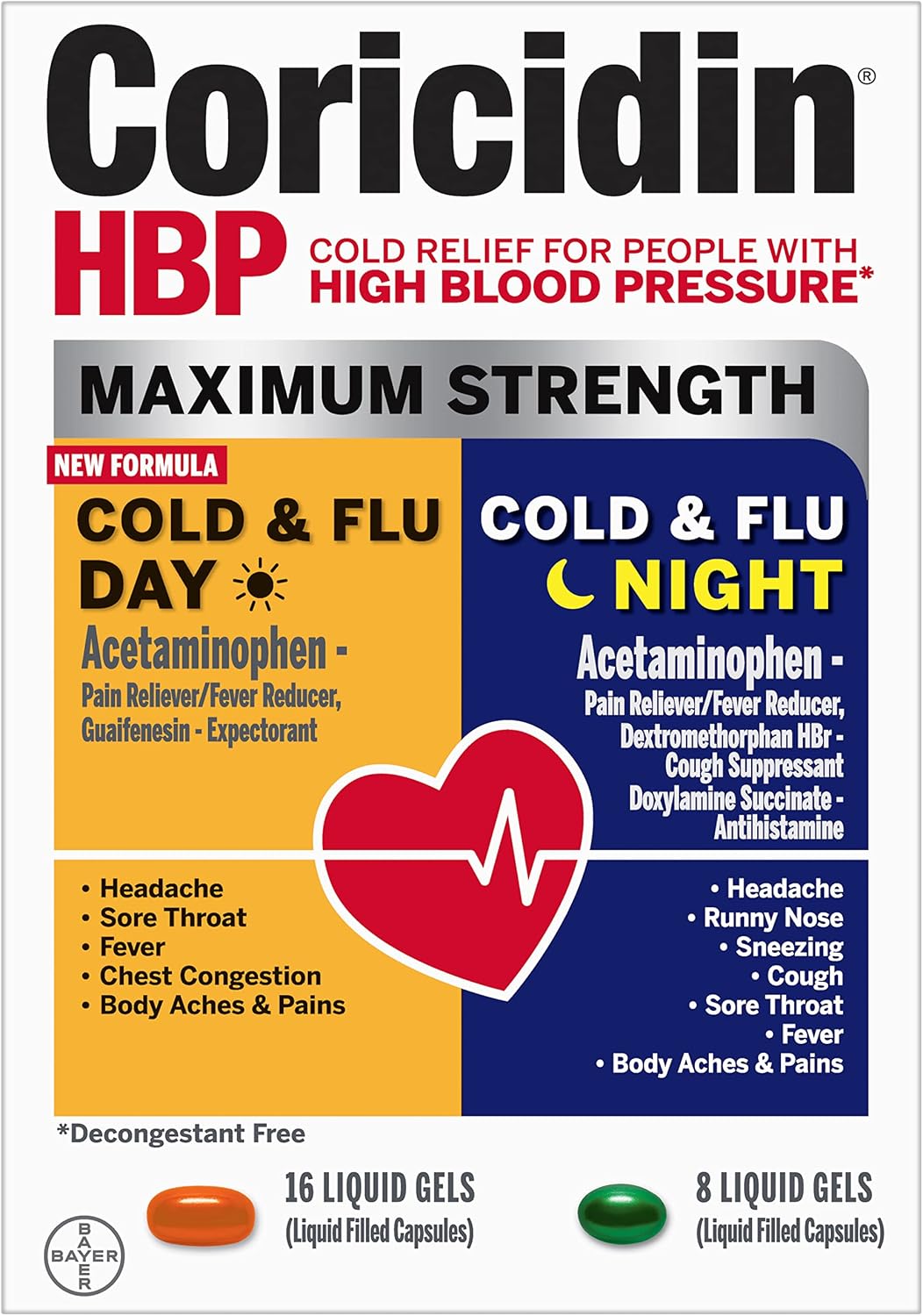 Coricidin HBP, Decongestant-Free Maximum Strength Cold & Flu Day + Night Liquid Gels, 24 Count
