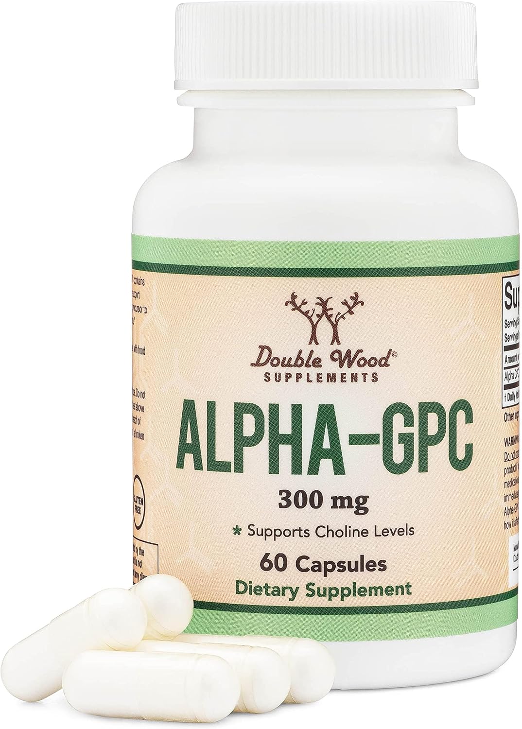 Double Wood Alpha GPC Choline Brain Supplement for Acetylcholine 300mg, 60 Capsules
