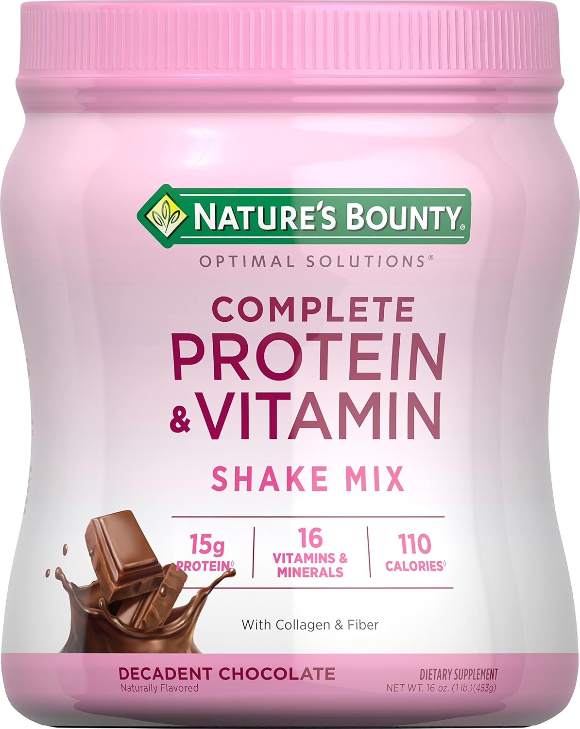 Nature’s Bounty Complete Protein & Vitamin Shake Mix with Collagen & Fiber, Decadent Chocolate Flavored ,1 lb