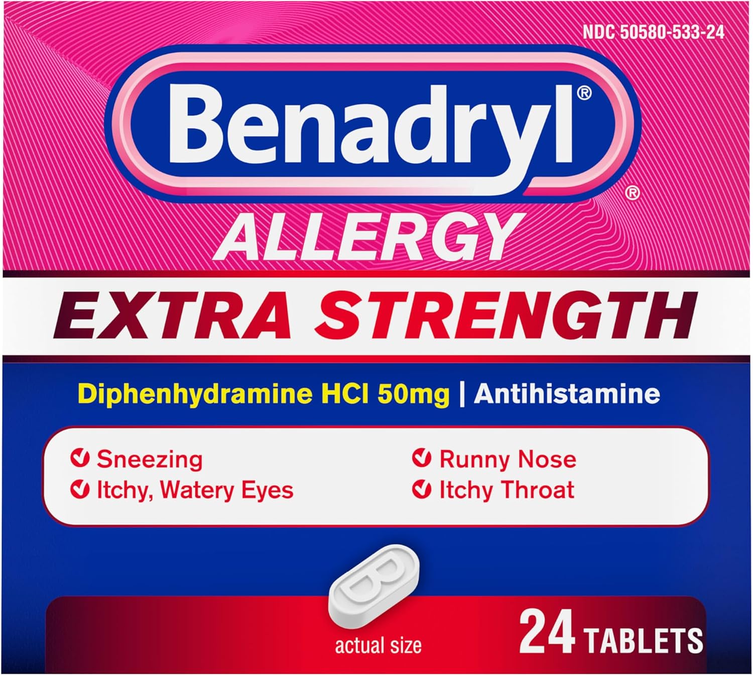 Benadryl Extra Strength Antihistamine Allergy Relief Medicine, 50 mg Diphenhydramine HCl, 24 ct