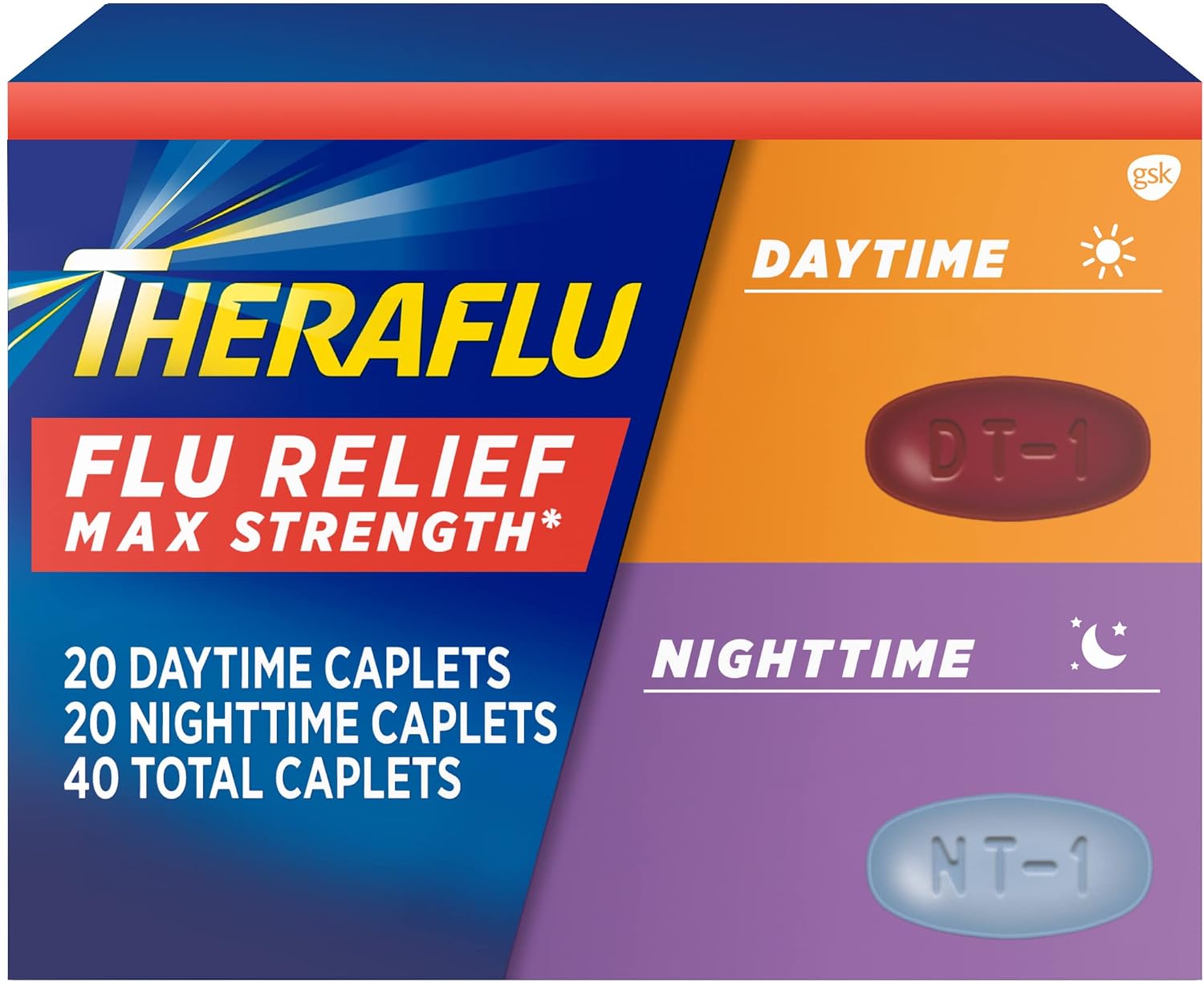 Theraflu, Flu Relief Max Strength, Daytime & Nighttime , 40 Caplets