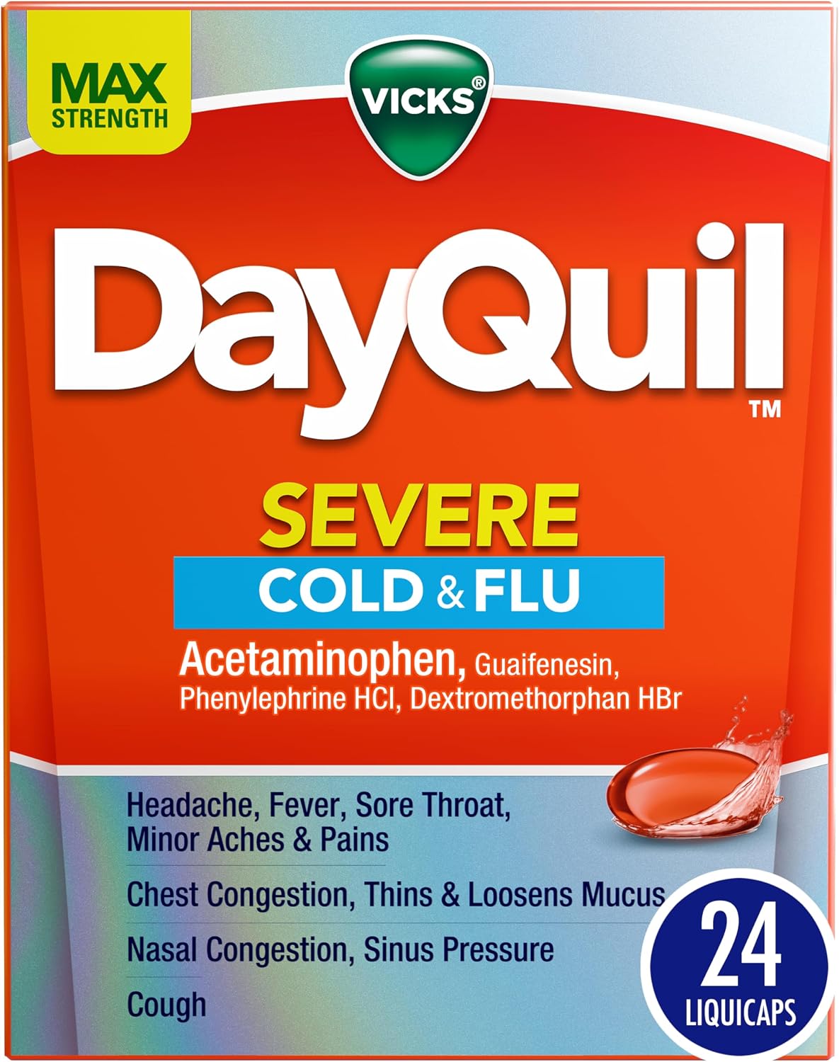 Vicks DayQuil Severe Cold, Flu & Congestion Medicine, Daytime, 24 Liquicaps