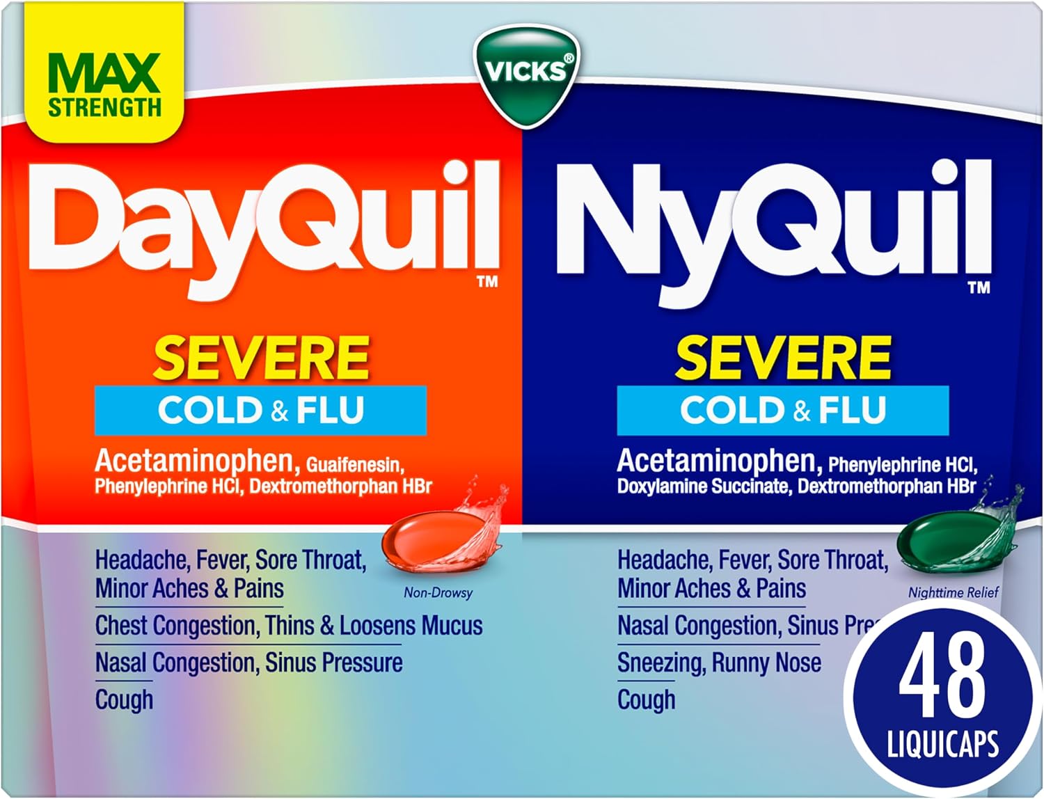 VICKS DayQuil & NyQuil SEVERE Co-Pack, Cold & Flu Medicine 48 LiquiCaps