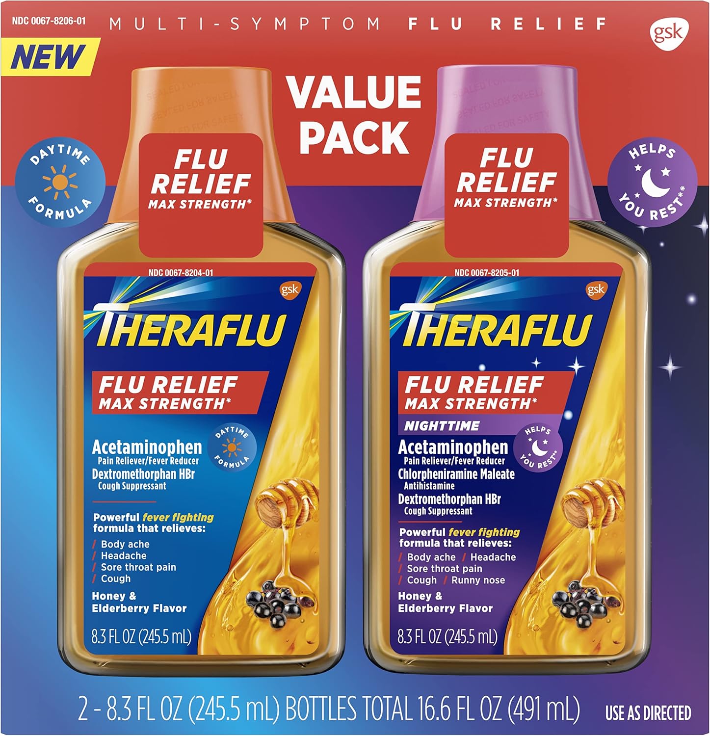 Theraflu Max Strength Daytime & Nighttime for Flu Symptom Relief, Honey Flavor 8.3 fl oz