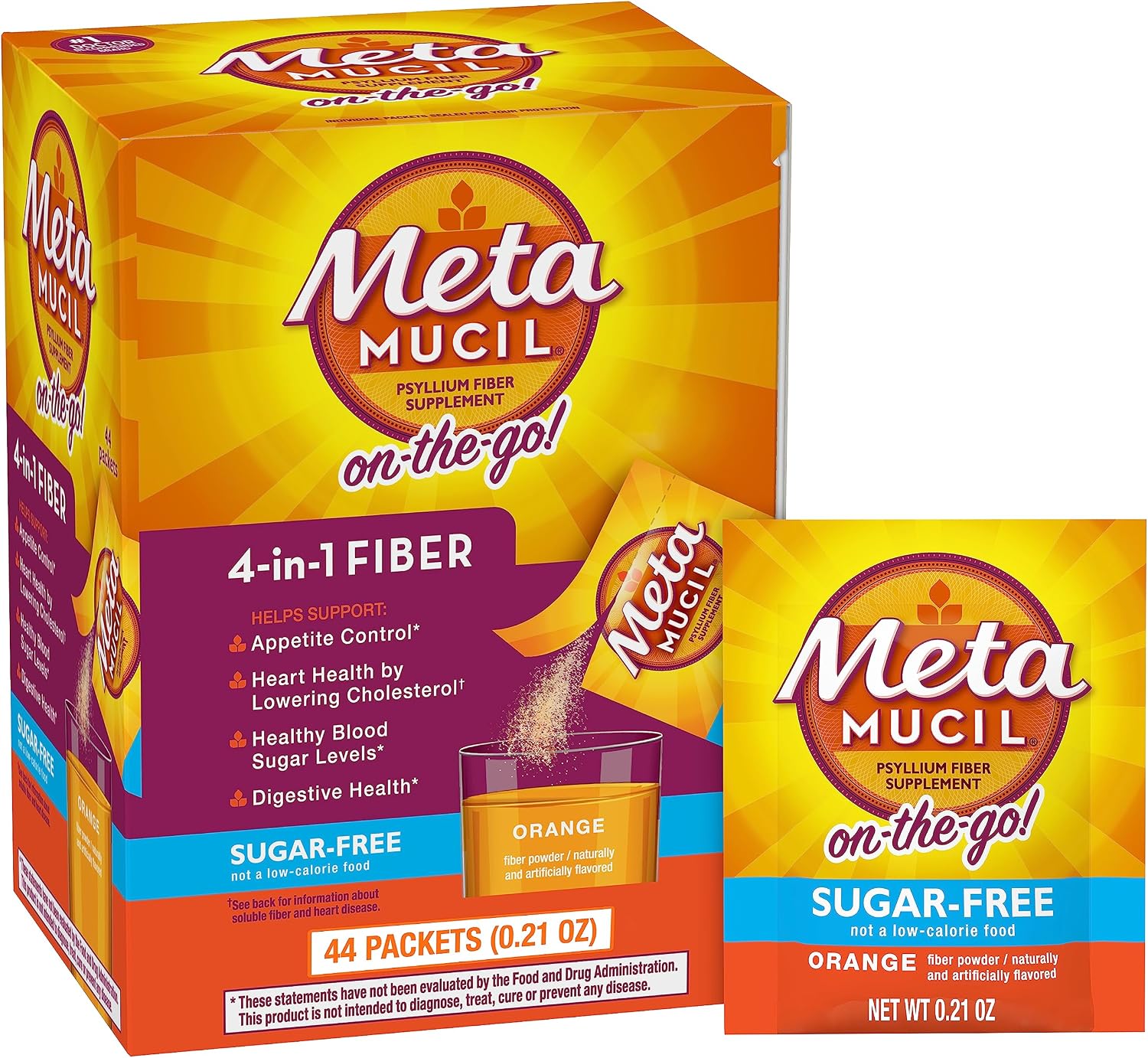 Metamucil On-the-Go Packets, 4-in-1 Psyllium Husk Fiber, 44 Packets