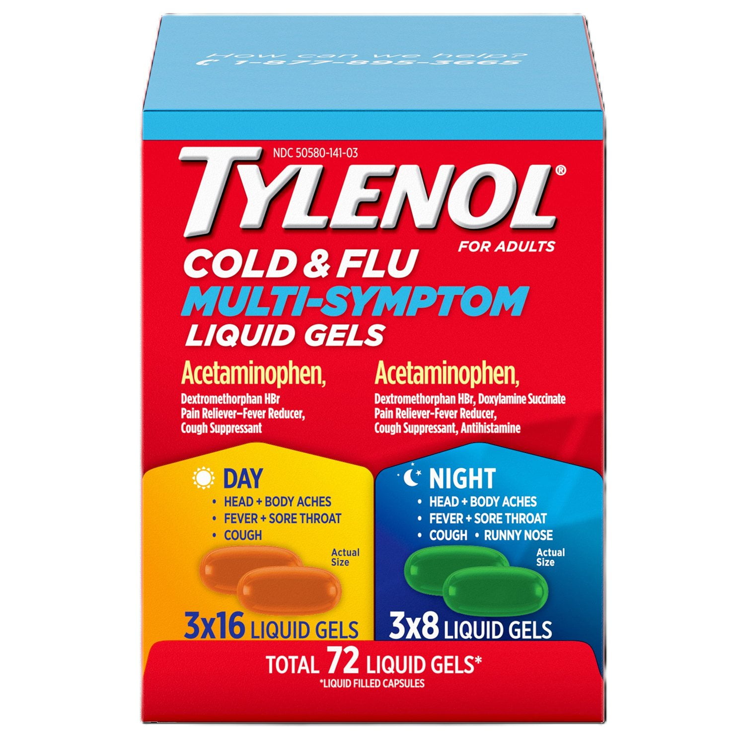 Tylenol Cold + Flu Multi-Symptom Liquid Gels, Day/Night, 72 ct.