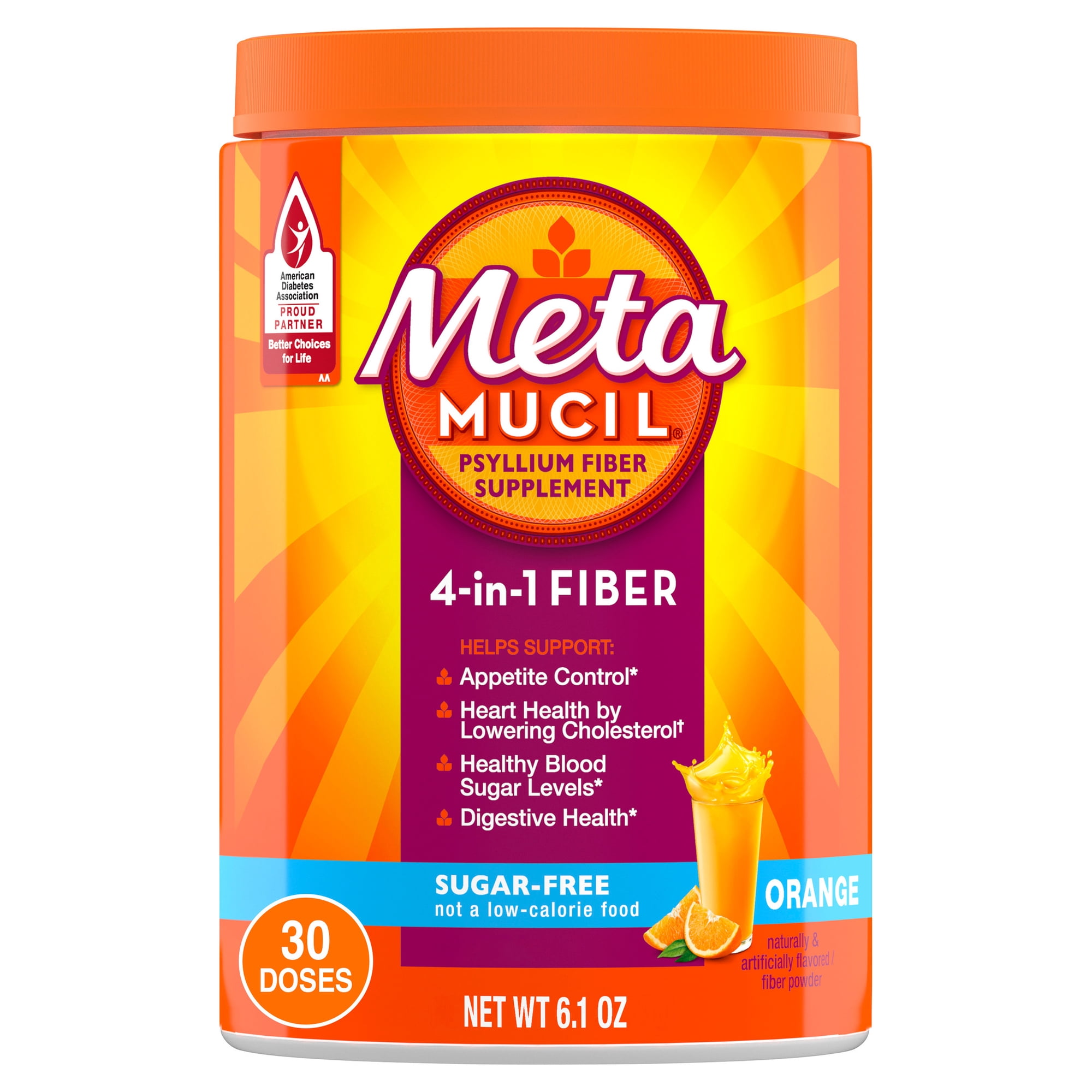 Metamucil 4-in-1 Psyllium Fiber Powder, Sugar-Free, Orange, 30 tsp 6.1oz (174g)