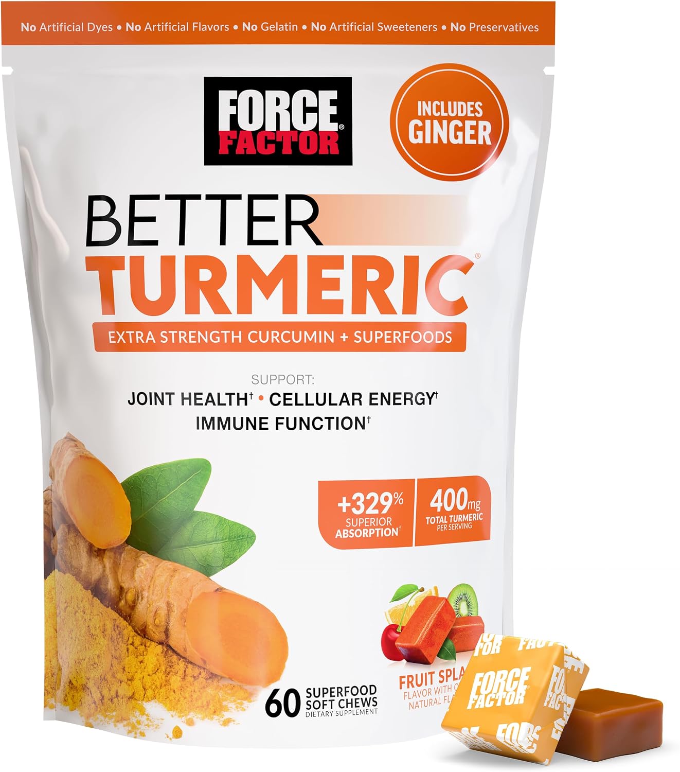 FORCE FACTOR Better Turmeric Supplement 400mg, Fruit Splash, 60 Turmeric Chews