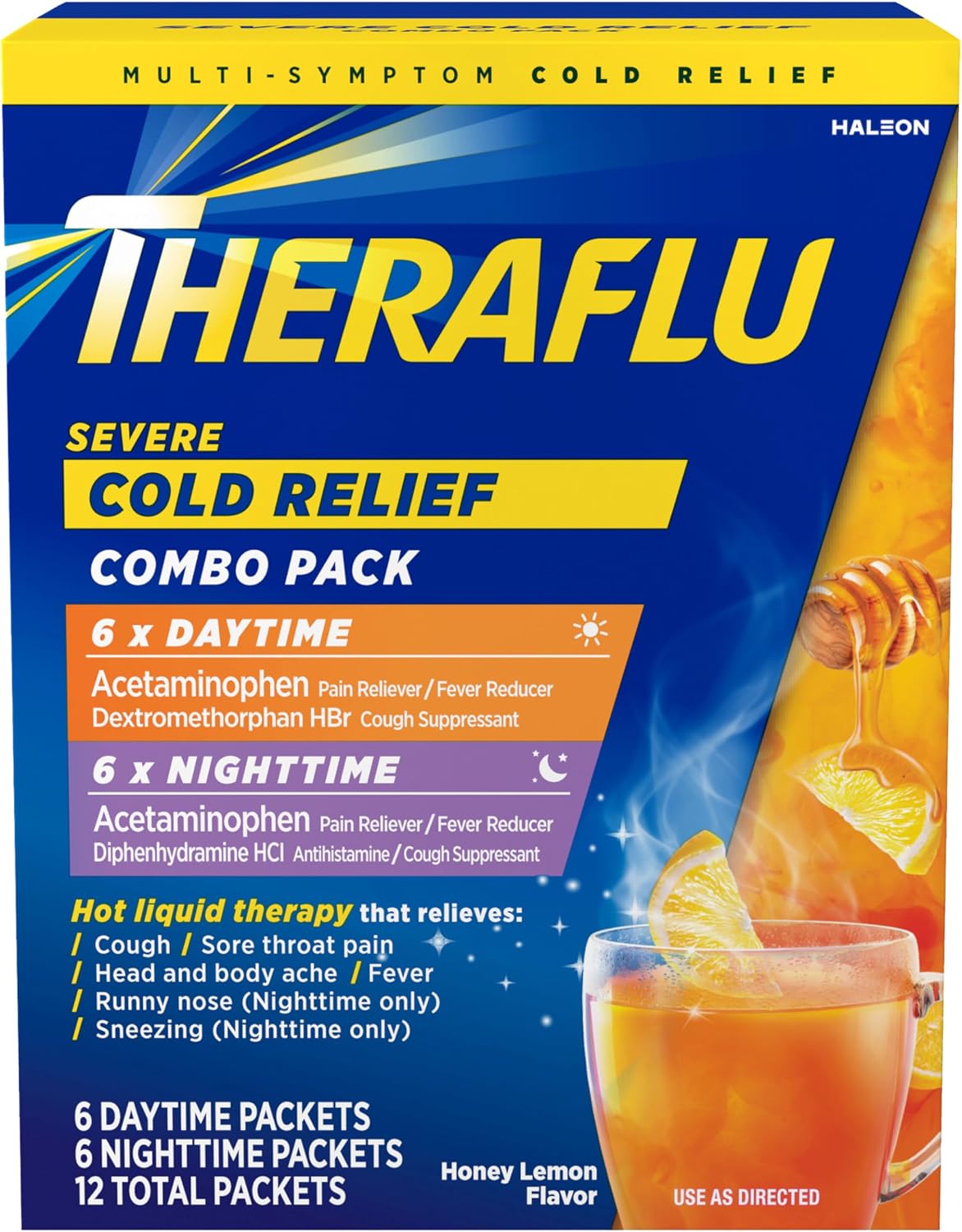 Theraflu Daytime (6) and Nighttime (6) Severe Cold Relief Powder, Honey Lemon Flavor, 12 Count