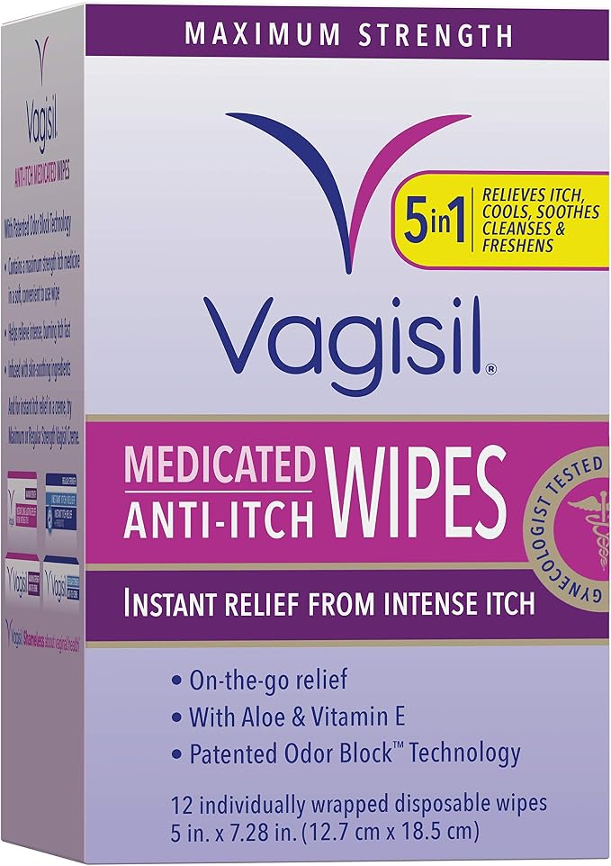 Vagisil Anti-Itch Medicated Feminine Intimate Wipes for Women, Maximum Strength, Gynecologist Tested, 12 Wipes