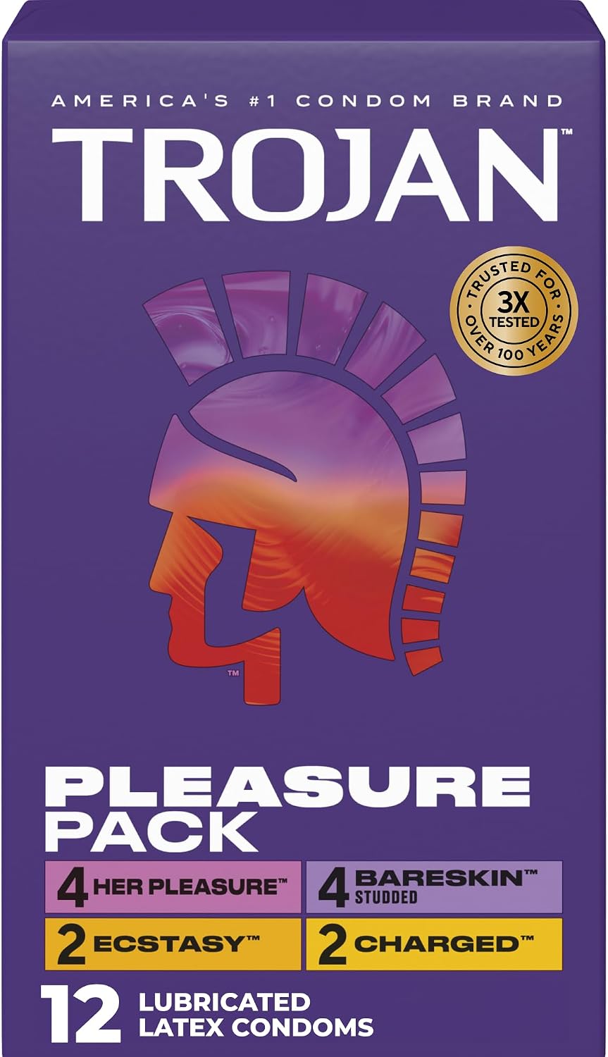 Trojan Pleasure Pack Assorted Latex Lubricated Condoms for Men, 12 Count