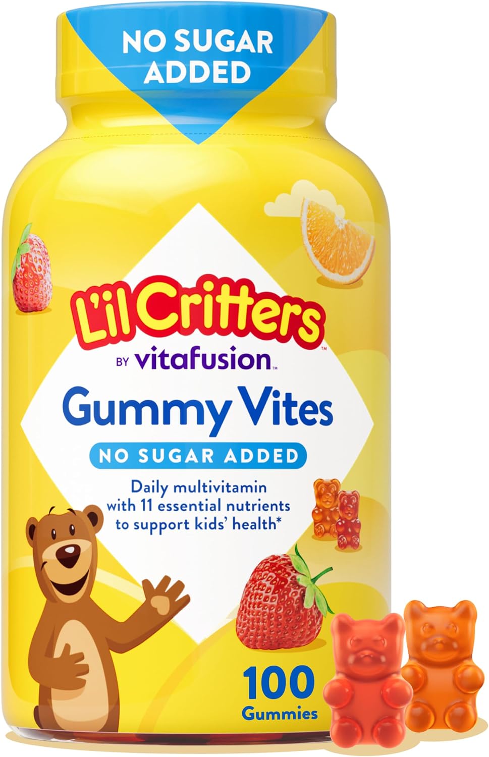 L’il Critters Gummy Vites No Sugar Added, Strawberry and Orange Flavors, 100 Gummies