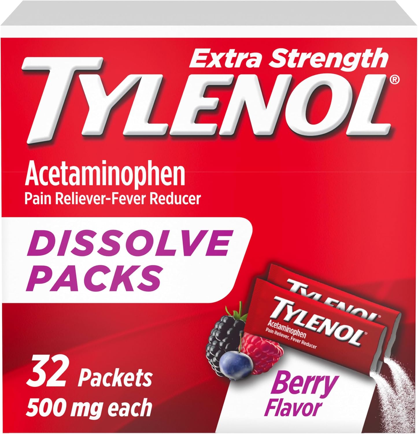 Tylenol Extra Strength Dissolve Powder Packs, 500 mg Acetaminophen, On-the-Go Berry Flavor, 32 Ct