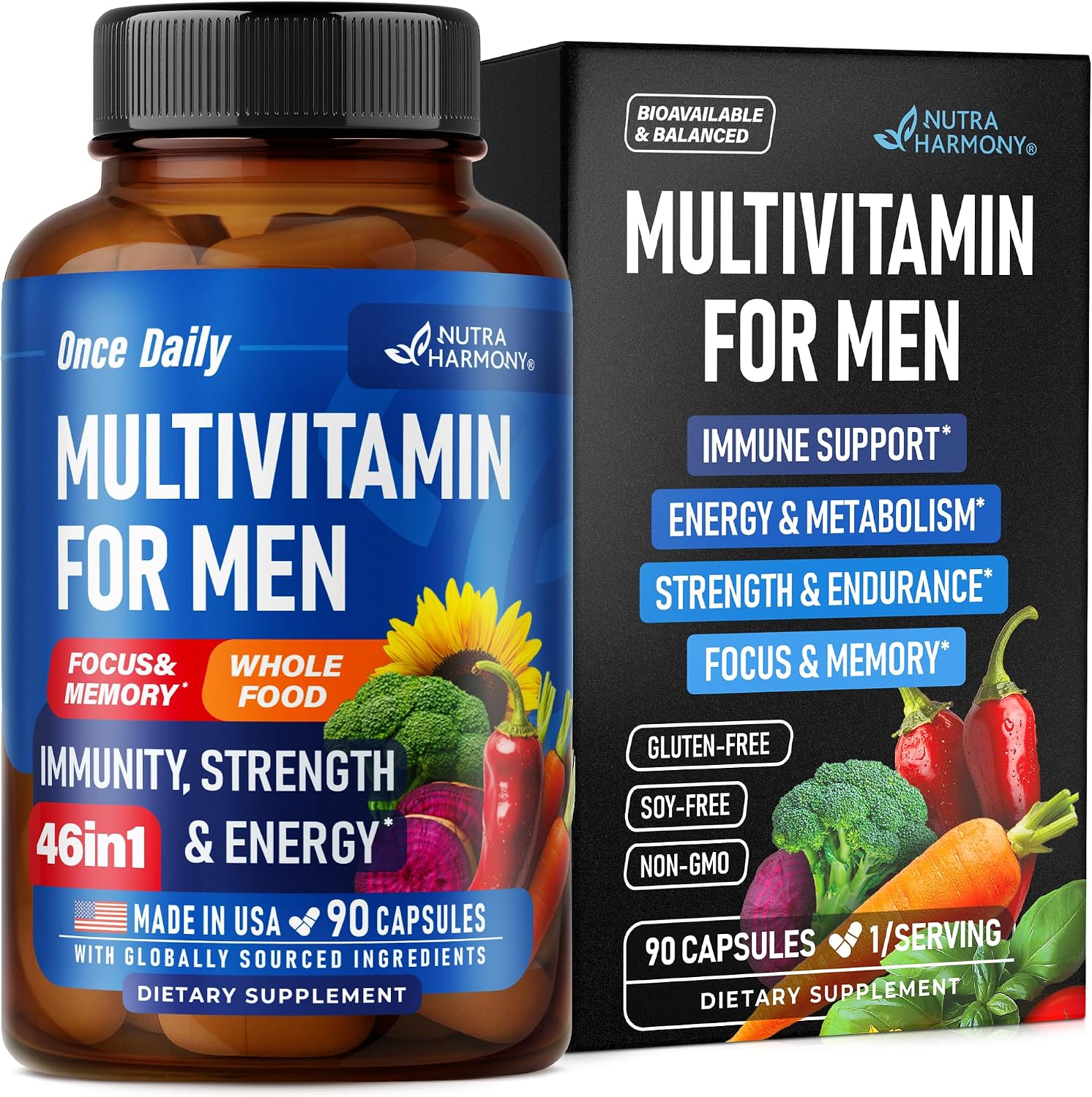Nutra Harmomy Multivitamin for Men - B-Complex | Whole Foods & Enzymes - 90 Capsules