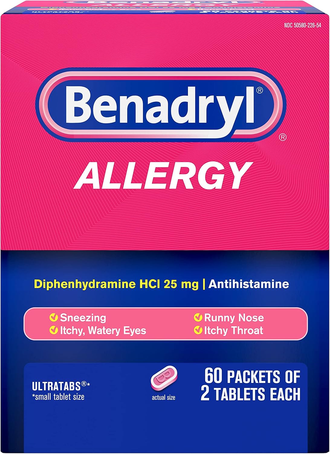 Benadryl Ultratabs Go Packs, Antihistamine Allergy Medicine Tablets with Diphenhydramine HCl, 60 Packets of 2 Tablets