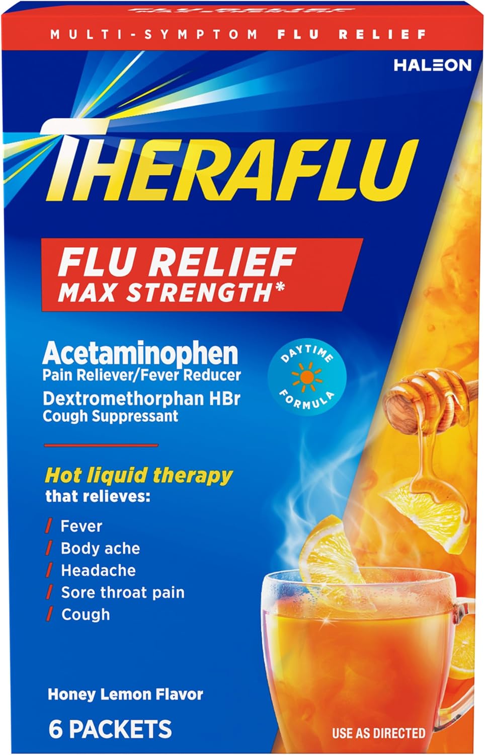 TheraFlu Daytime Flu Relief Max Strength Powder, Honey Lemon Flavor, 6 count